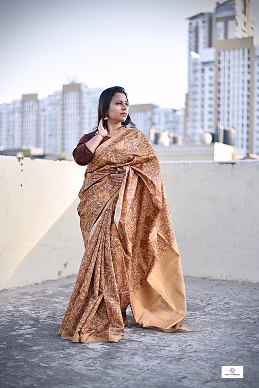 semi tussar silk saree in golden brown leaf pattern for special ocassion, office, wedding with blouse piece best price