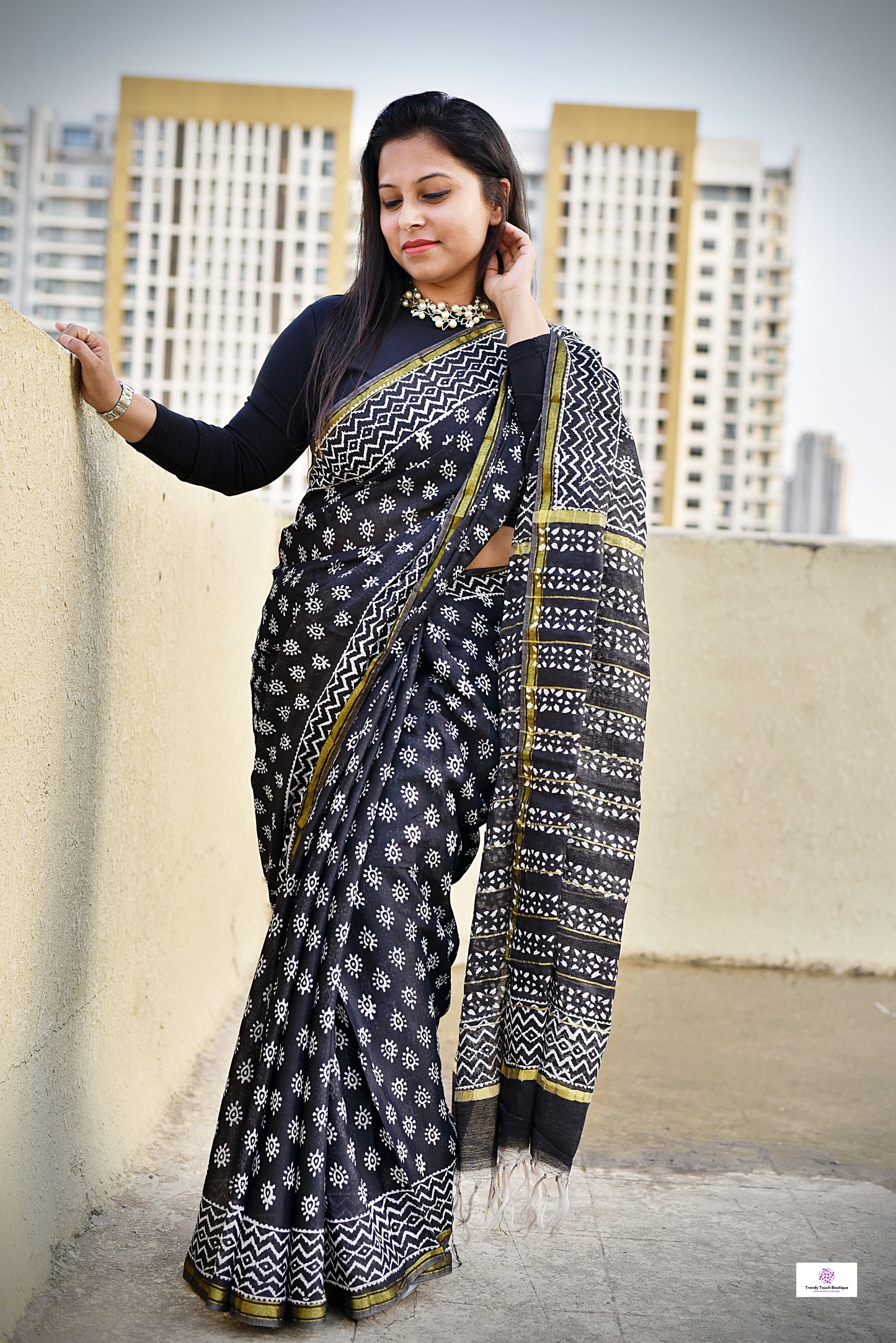 black chanderi silk saree with zari border handblock print summer fabric best price with blouse piece office wear and casual styling party wear saree