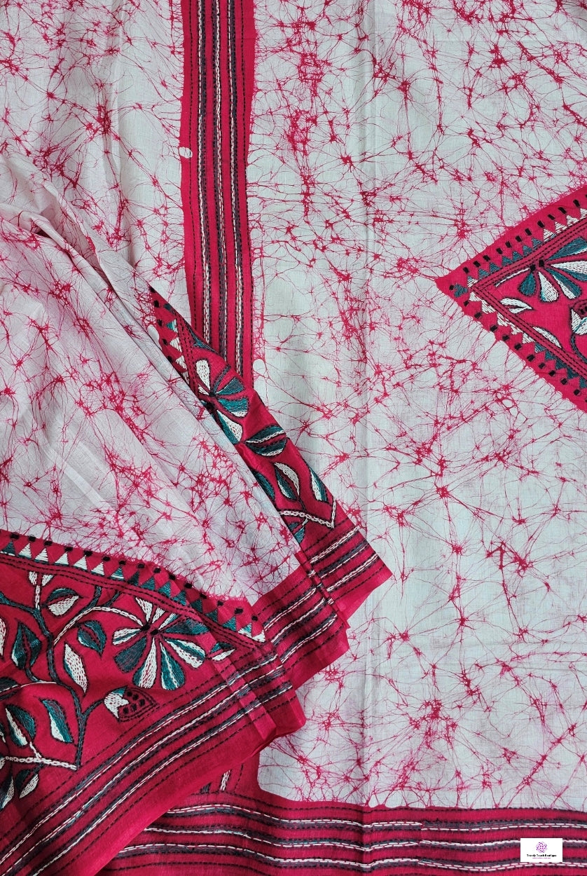 PINK LILY - KANTHA STITCH BATIK COTTON SAREE