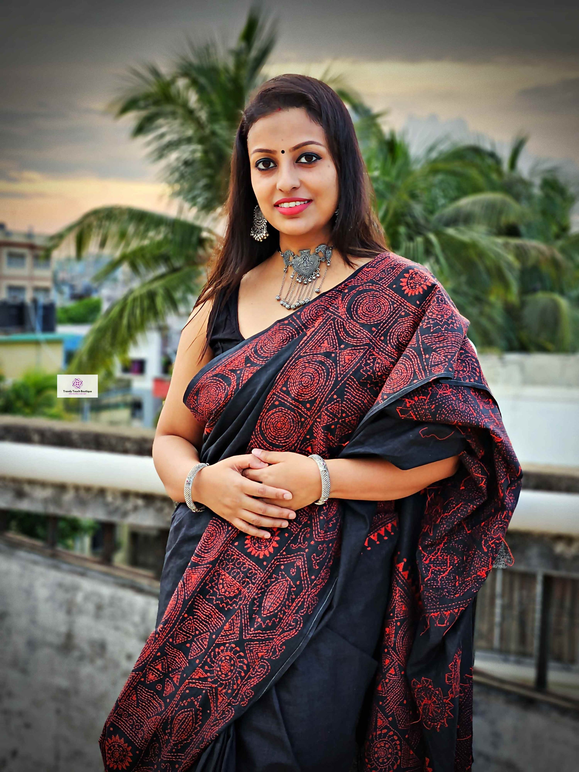Cotton handloom black saree with orange thread kantha hand embroidered best summer fabric for formal and casual styling marriage functions and family events with blouse piece best price