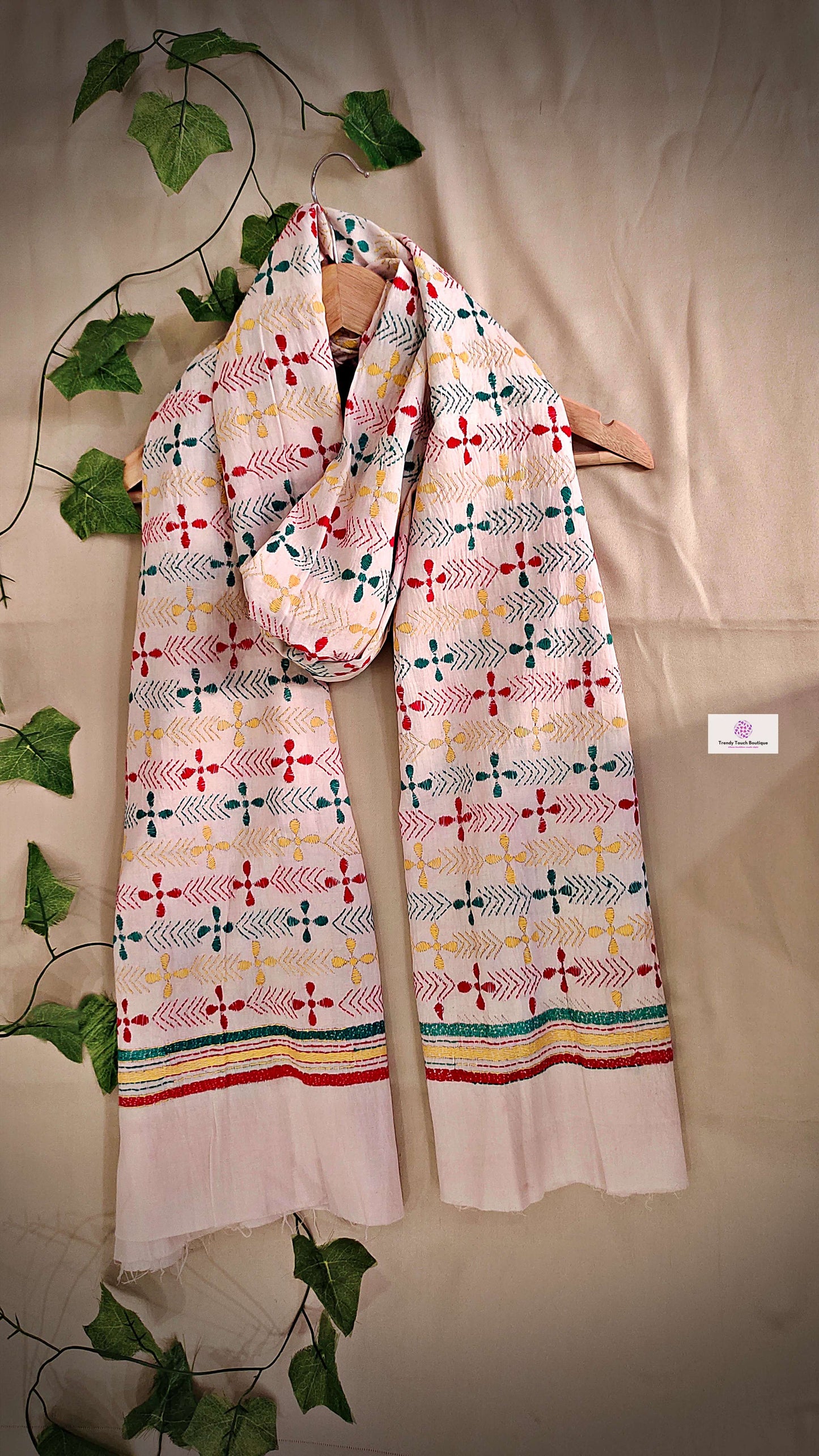 kantha handembroidered pure cotton designer statement dupatta for kurti styling in summer Holi sale best price green red yellow on white floral handcrafted