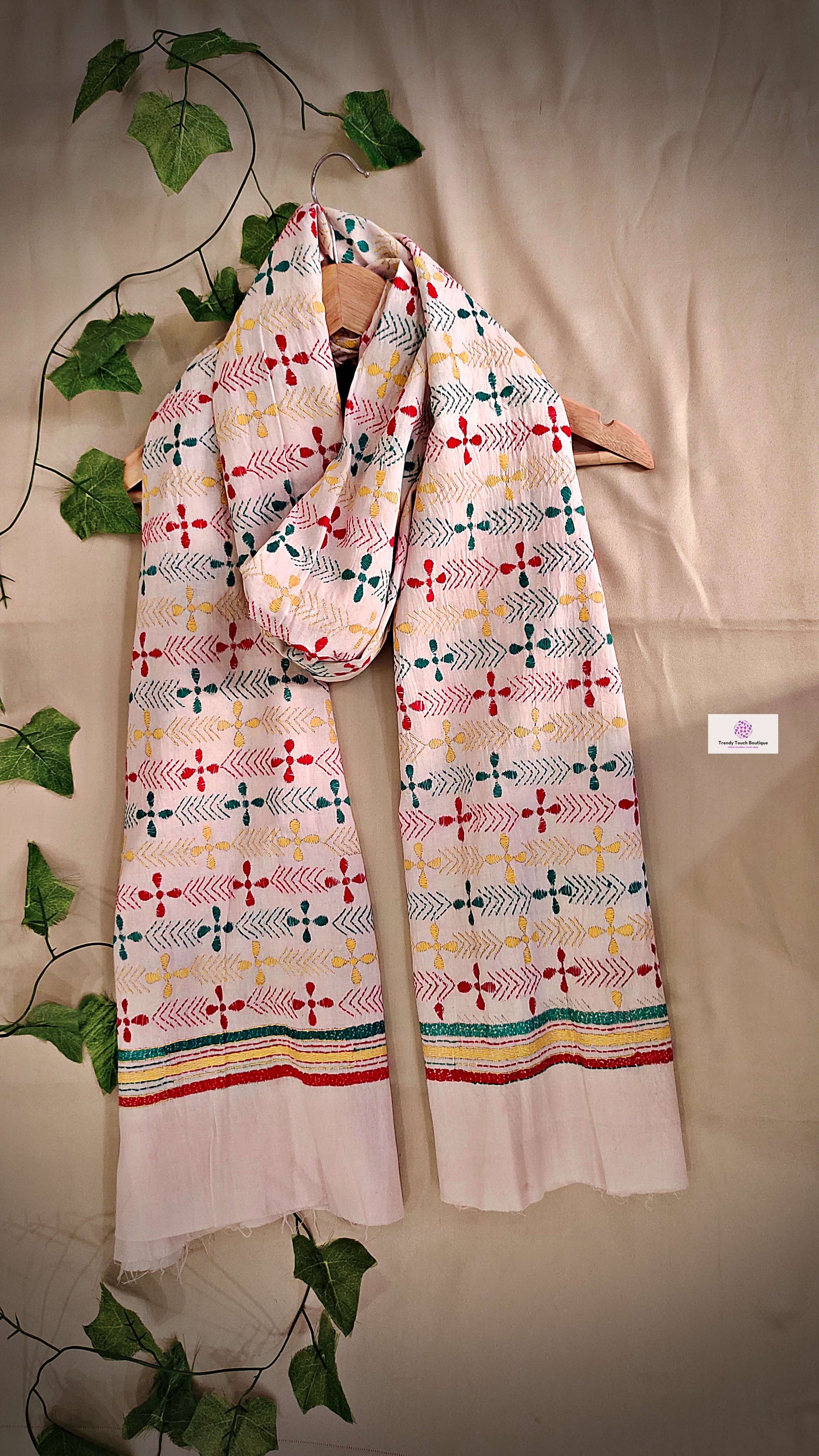 kantha handembroidered pure cotton designer statement dupatta for kurti styling in summer Holi sale best price green red yellow on white floral handcrafted