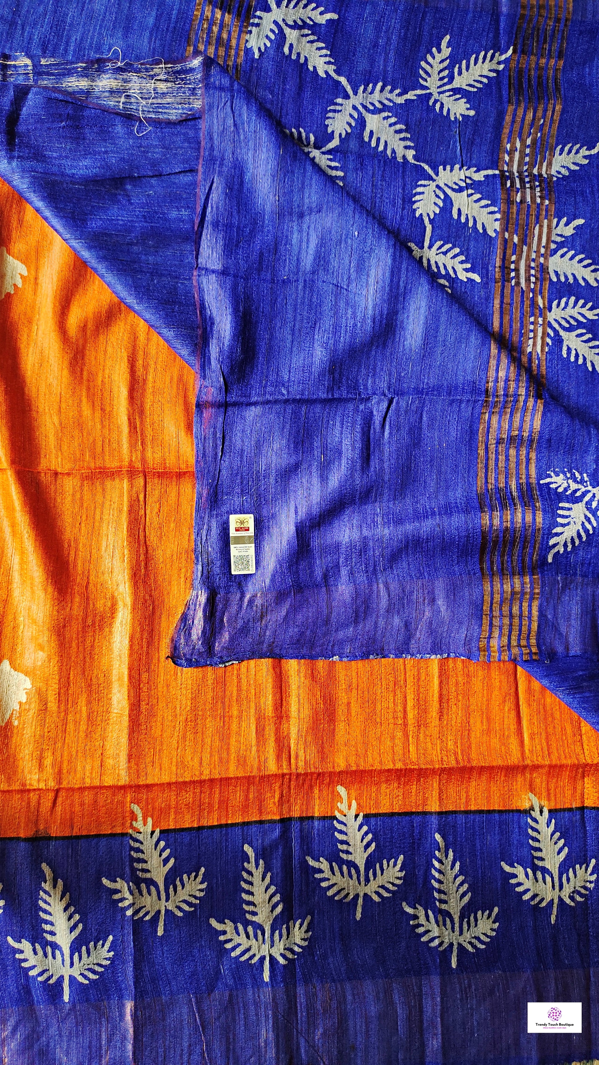 Pure Gicha Tussar Silk Saree with Silk Mark Certified Blue and Orange Handloom saree best wedding marriage function party wear celebration and corporate events office best price with blouse piece handblock printed