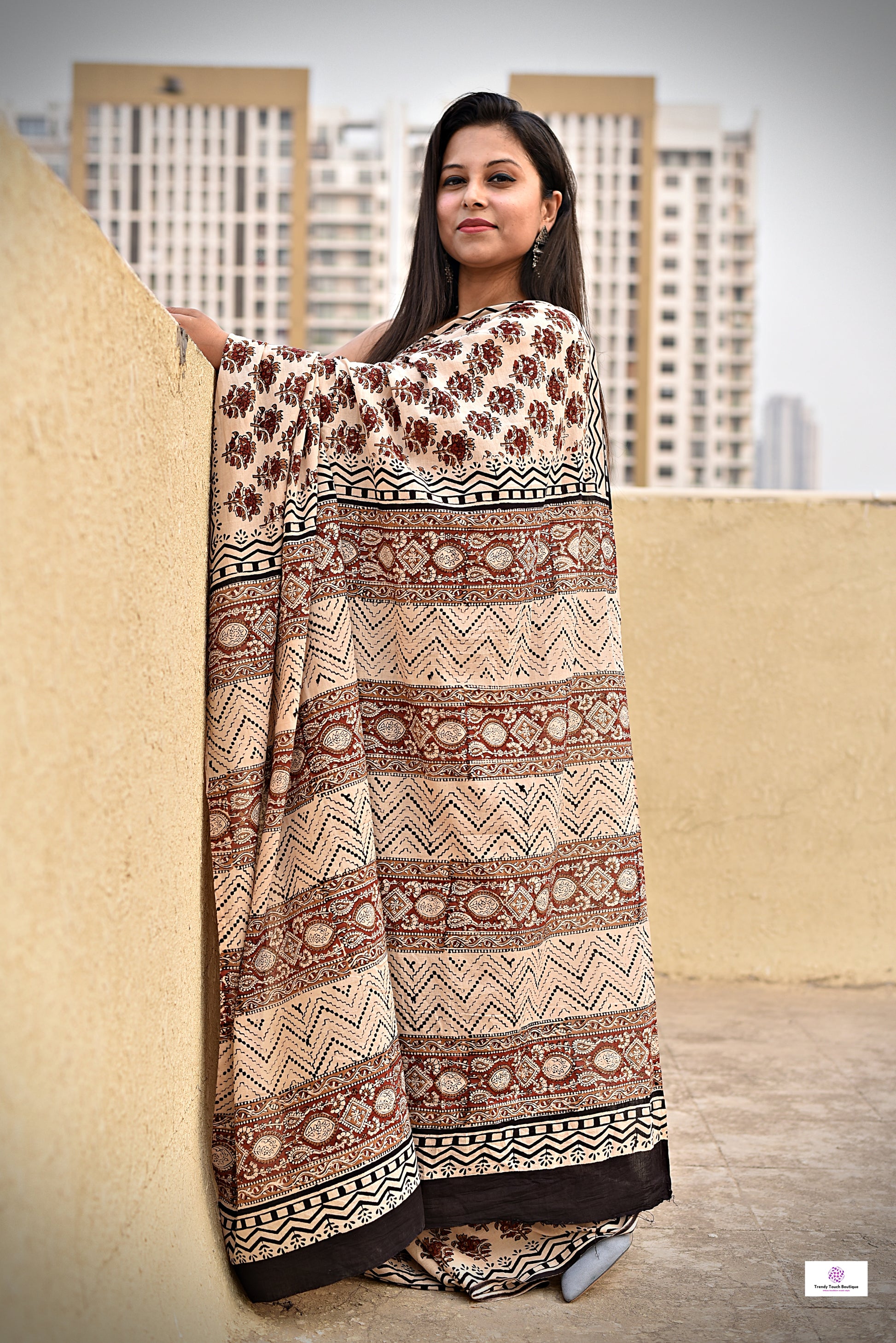 handblock printed mulcotton bagru pattern beige red black small prints best summer fabric for office and casual styling best price with blouse piece