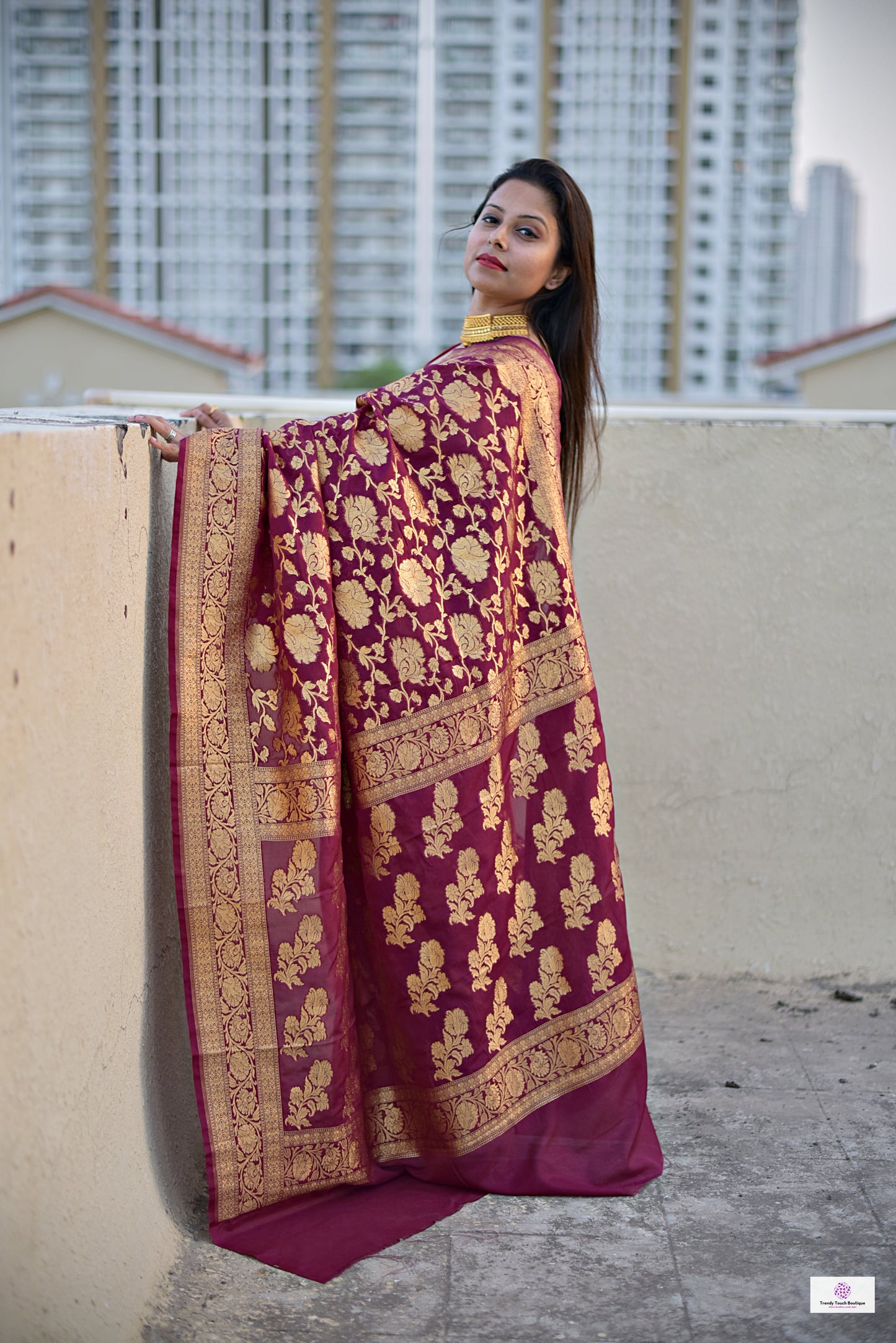 georgette banarasi silk designer saree wedding party celebration marriage function maroon and gold zari handwoven handloom best price with blouse piece