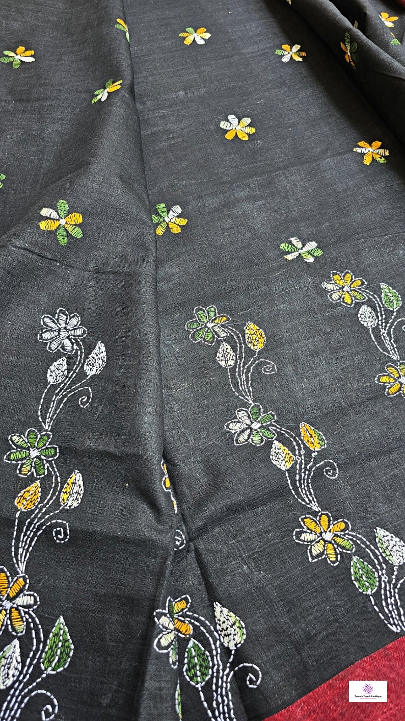NIGHT QUEEN - KANTHA STITCH - COTTON HANDLOOM SAREE