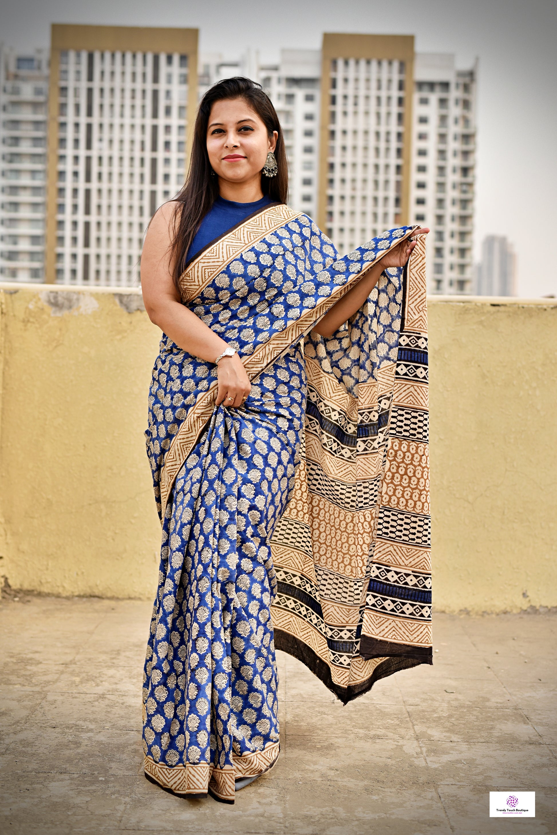 handblockprinted blue beige organic mulcotton saree best summer fabric office and causal style best price with blouse piece