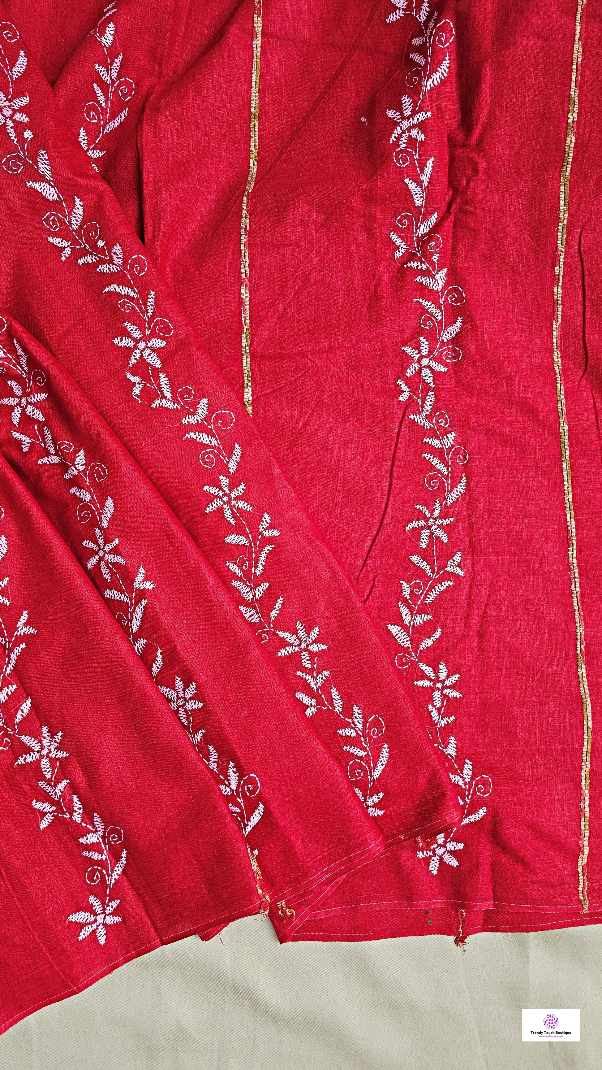 Kantha stitch handembroidered designer red khesh cotton handloom with blouse piece best price