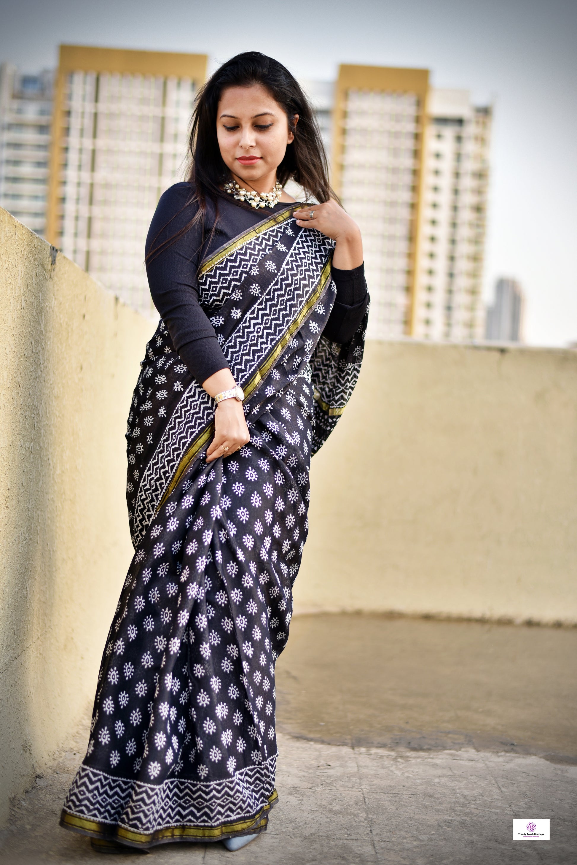 black chanderi silk saree with zari border handblock print summer fabric best price with blouse piece office wear and casual styling party wear saree