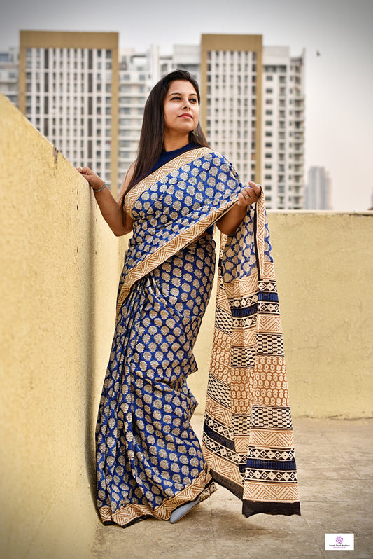 handblockprinted blue beige organic mulcotton saree best summer fabric office and causal style best price with blouse piece