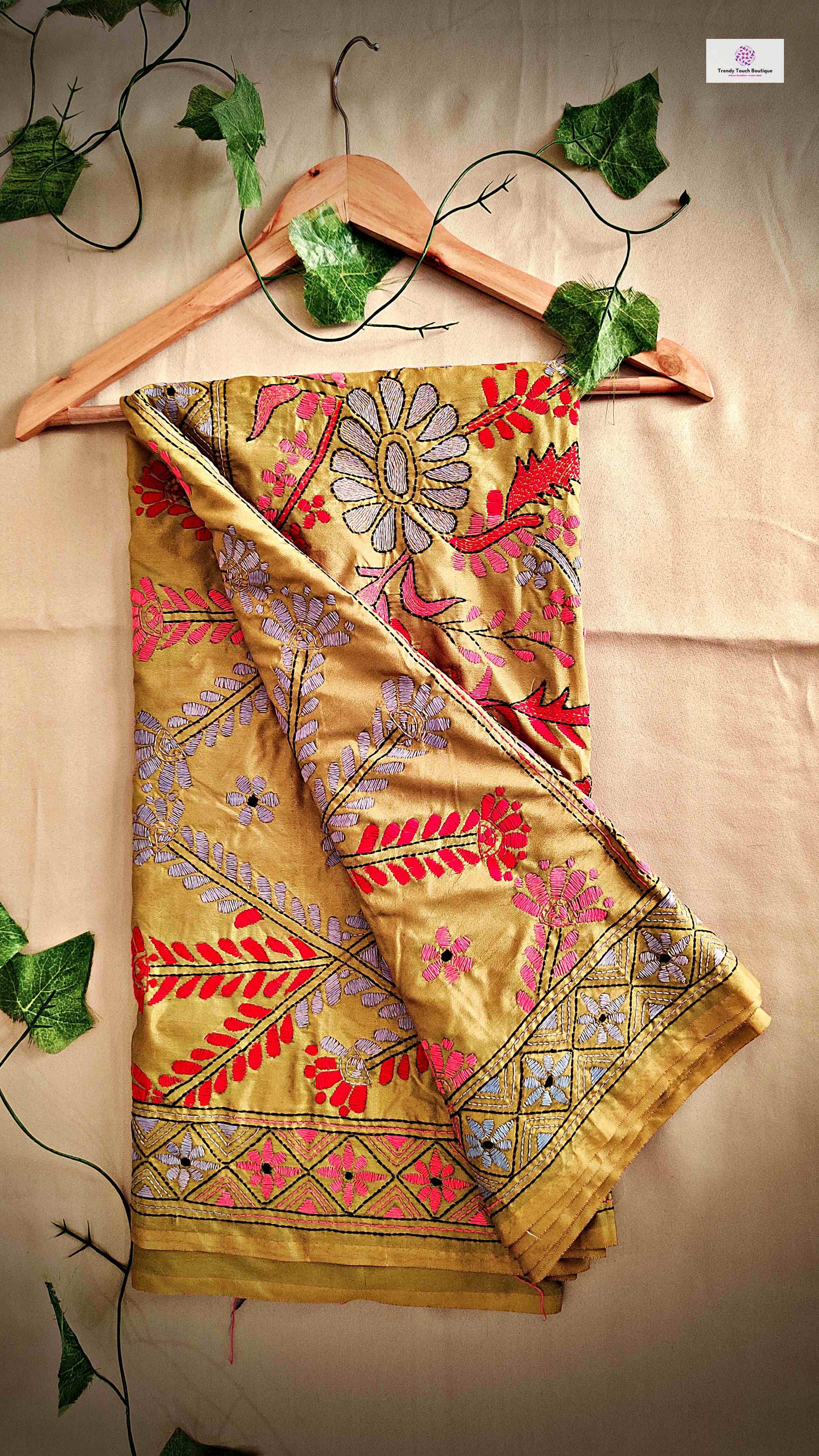 Kantha stitch hand embroidered soft blended bangalore silk saree trendy touch boutique olive green wedding season gift party wear 