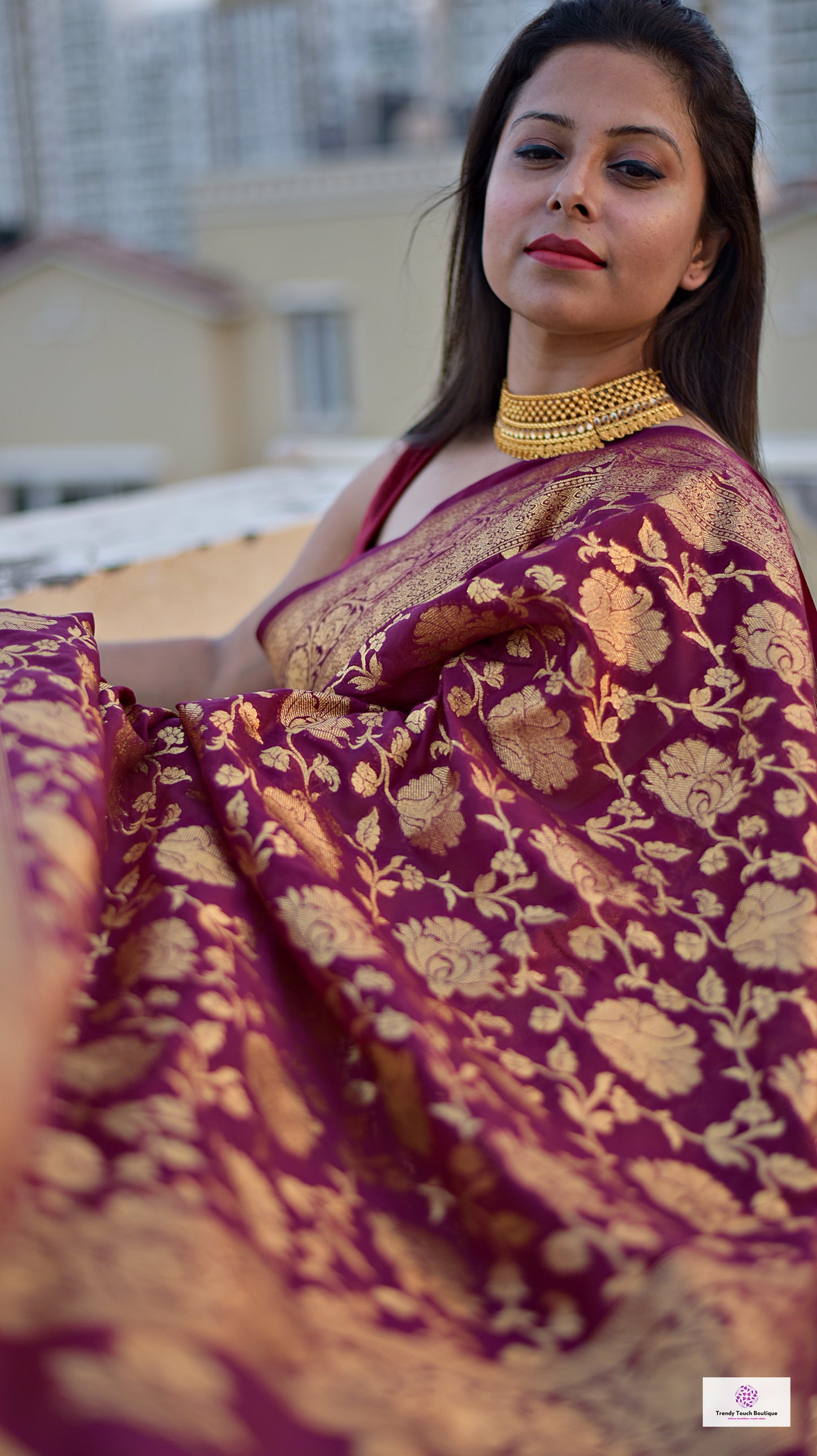georgette banarasi silk designer saree wedding party celebration marriage function maroon and gold zari handwoven handloom best price with blouse piece