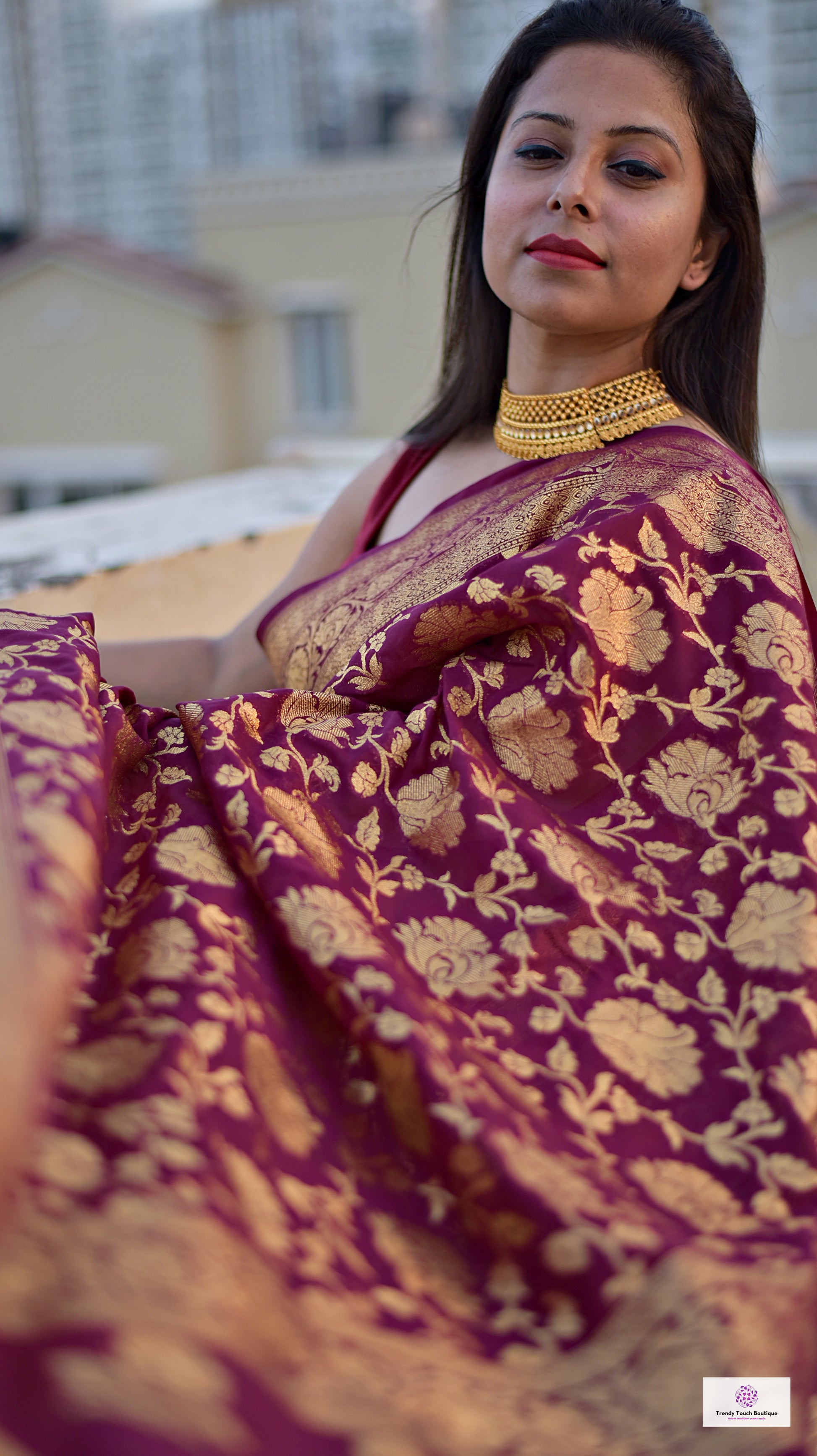 georgette banarasi silk designer saree wedding party celebration marriage function maroon and gold zari handwoven handloom best price with blouse piece
