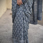 handblockprint mulcotton grey saree best summer fabric with blouse piece office and casual saree style best price