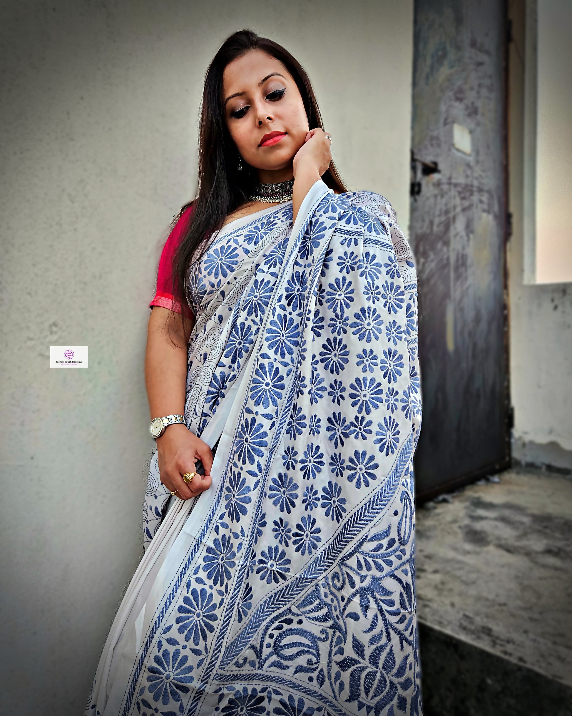 White Kantha Embroidered Silk Saree