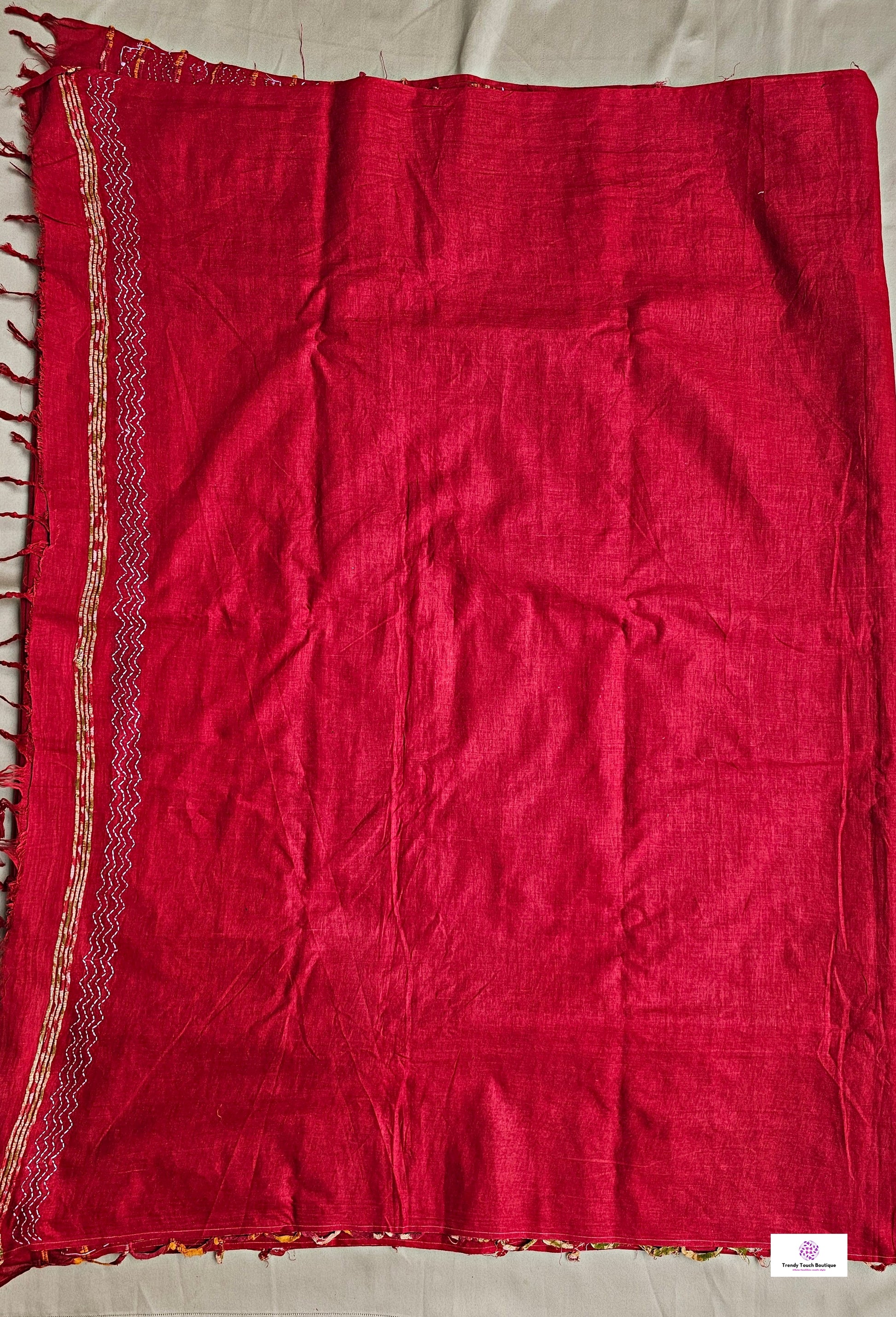 Kantha stitch handembroidered designer red khesh cotton handloom with blouse piece best price
