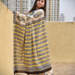 handblockprinted mulcotton in beige base with blue, yellow and black for office and casual styling summer best fabric saree with blouse piece and best price