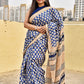 handblockprinted blue beige organic mulcotton saree best summer fabric office and causal style best price with blouse piece