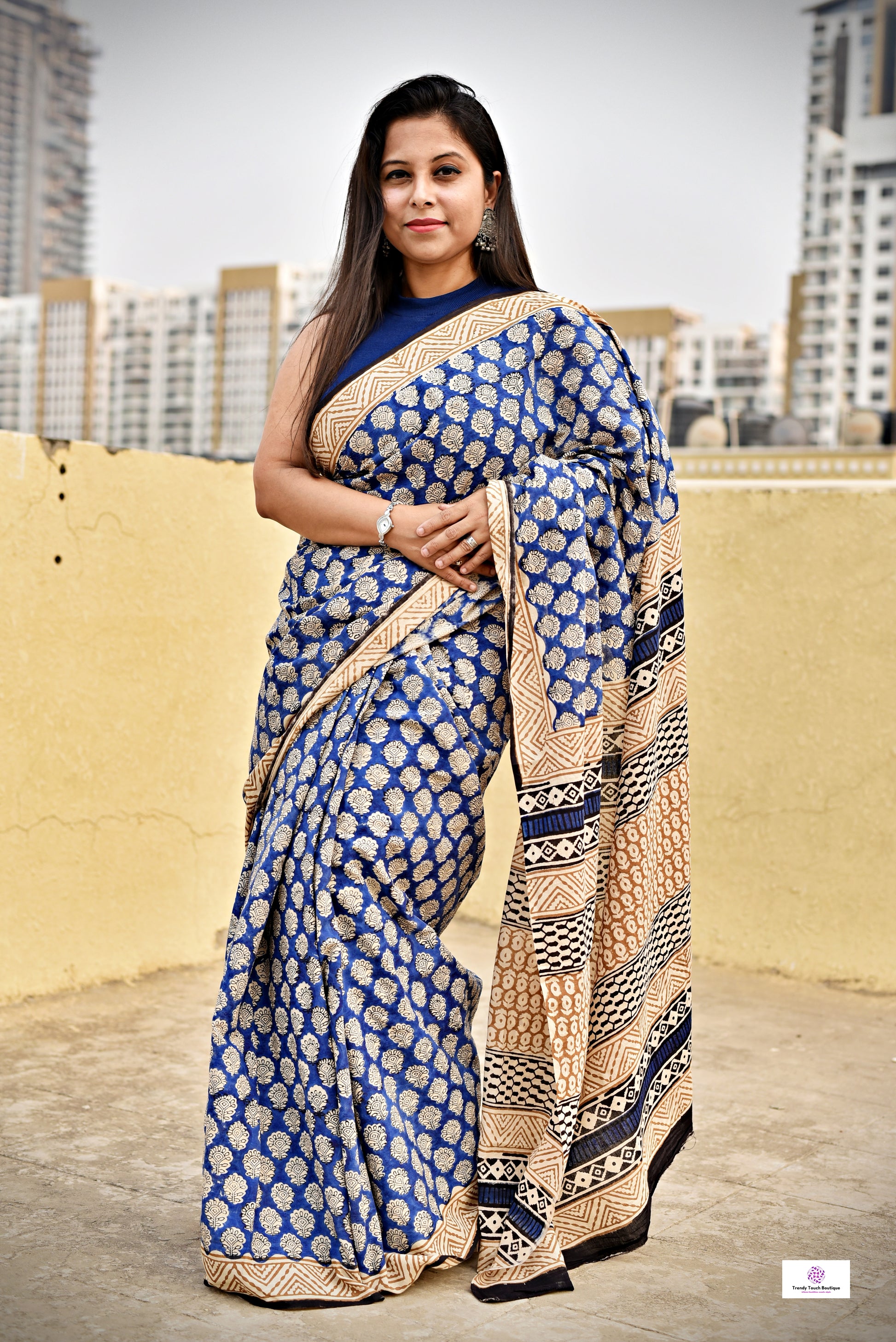 handblockprinted blue beige organic mulcotton saree best summer fabric office and causal style best price with blouse piece