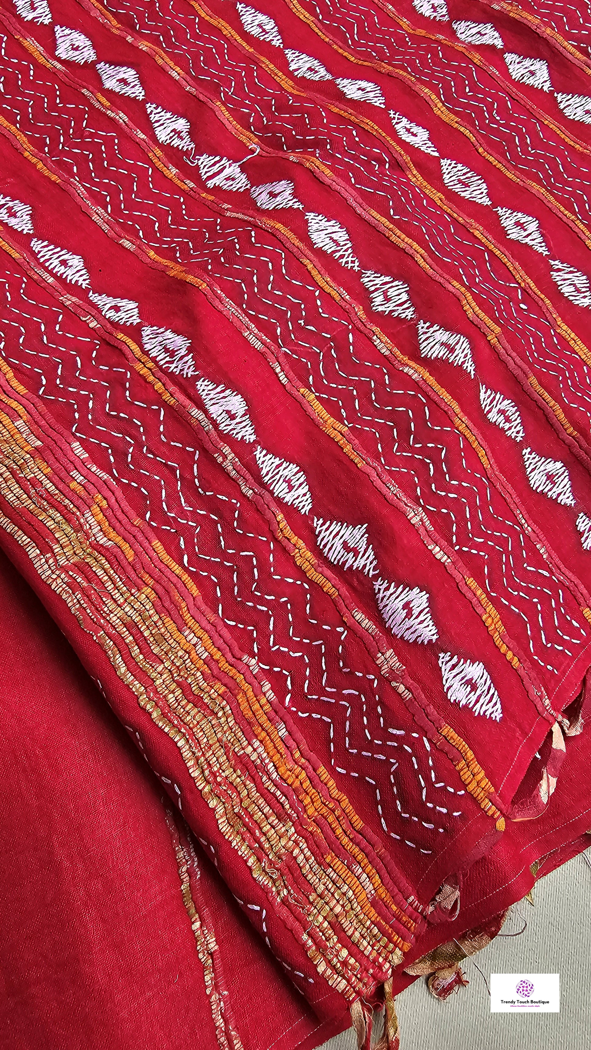 Kantha stitch handembroidered designer red khesh cotton handloom with blouse piece best price