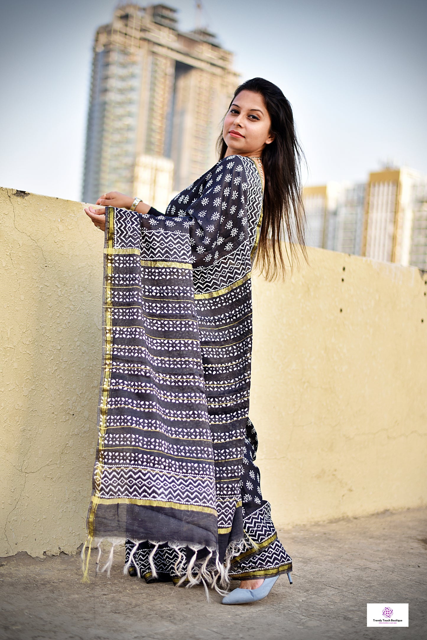 black chanderi silk saree with zari border handblock print summer fabric best price with blouse piece office wear and casual styling party wear saree