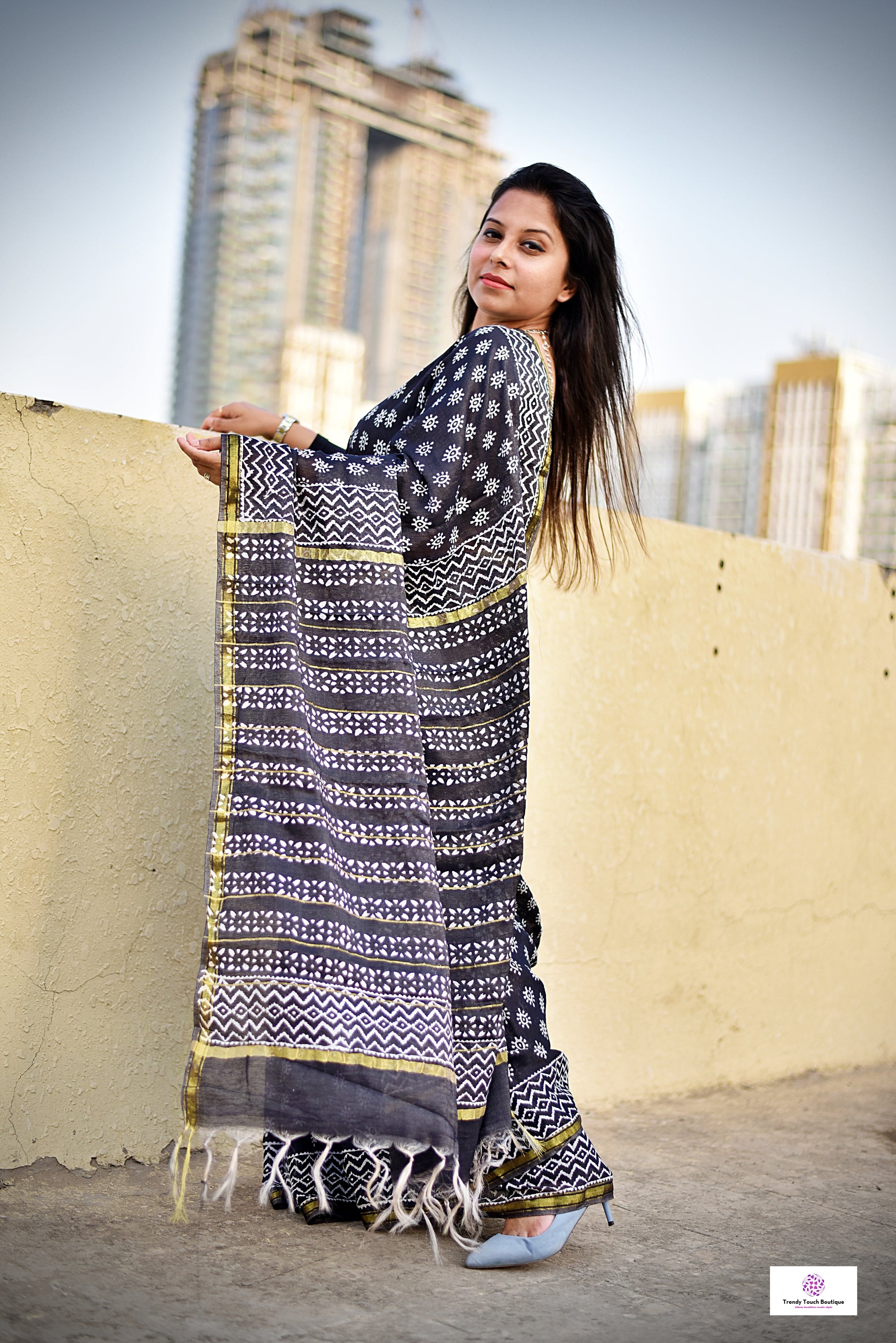 black chanderi silk saree with zari border handblock print summer fabric best price with blouse piece office wear and casual styling party wear saree