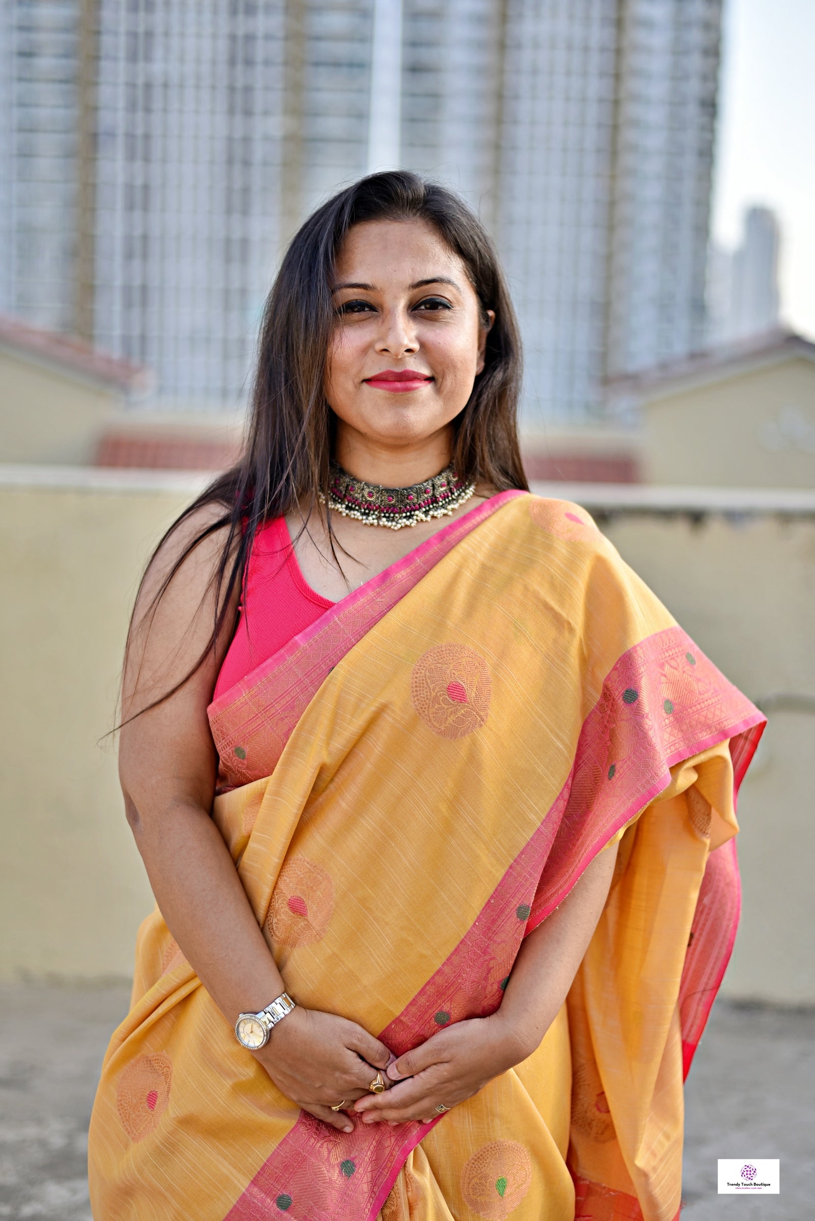 Muga cotton banarasi soft and lightweight puja, wedding and special ocassion casual wear saree yellow and pink with blouse piece best price