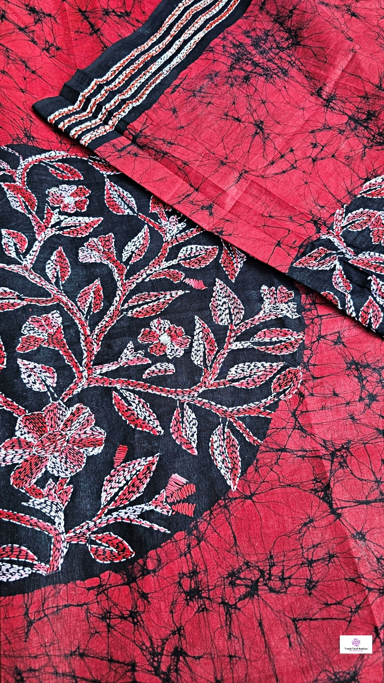 Romance - Kantha Work & Hand Batik - Cotton Saree
