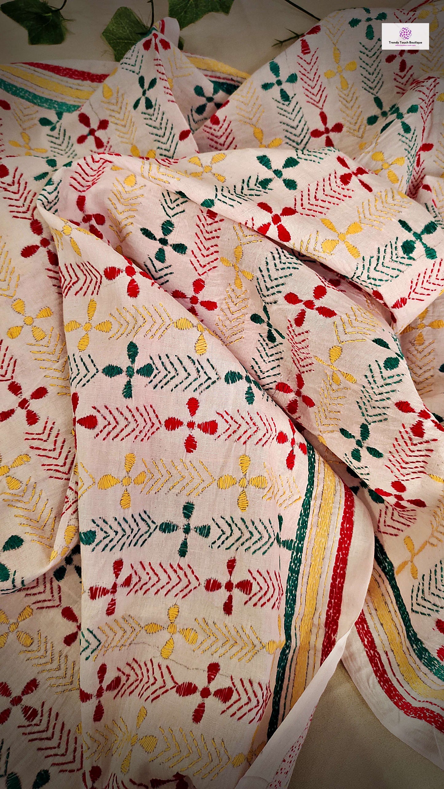 kantha handembroidered pure cotton designer statement dupatta for kurti styling in summer Holi sale best price green red yellow on white floral handcrafted