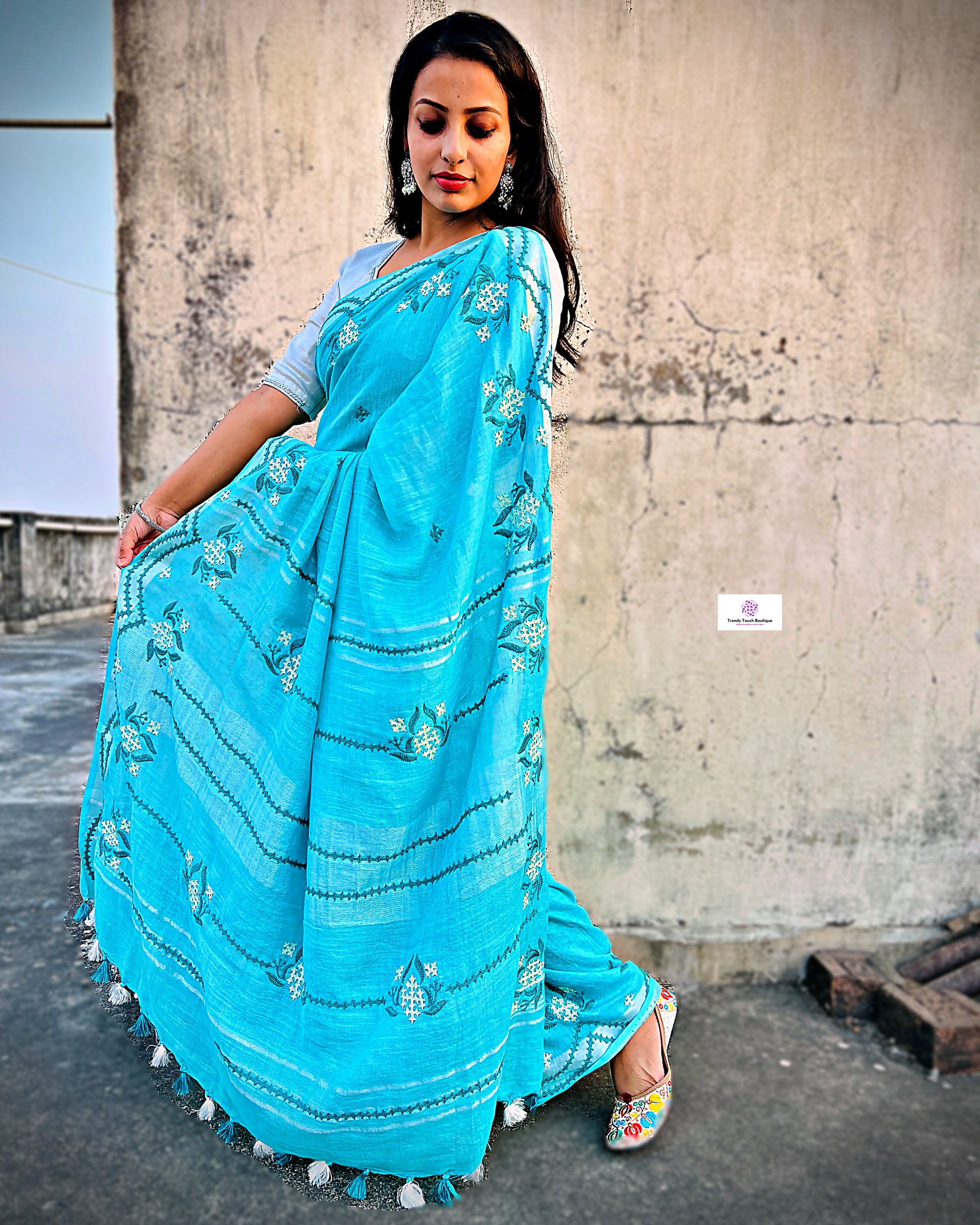 kutch handembroidered linen saree designer office wear and special events in summer