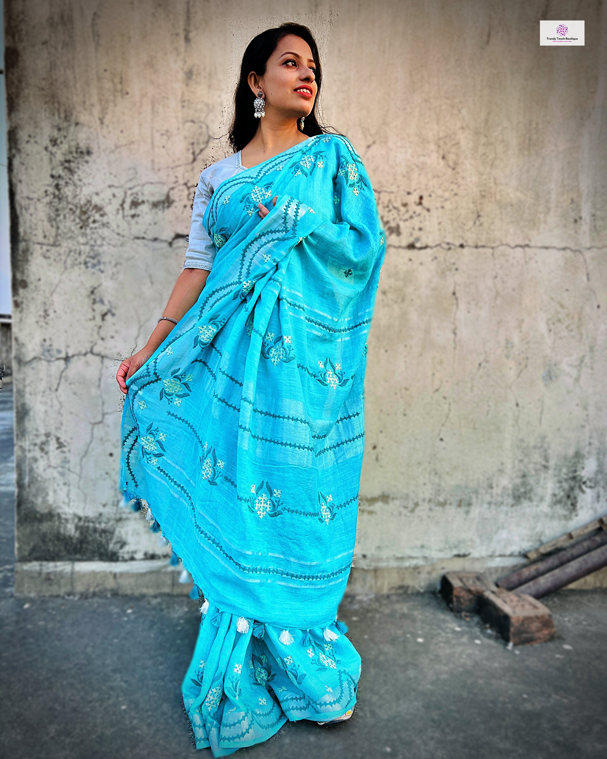 kutch handembroidered linen saree designer office wear and special events in summer