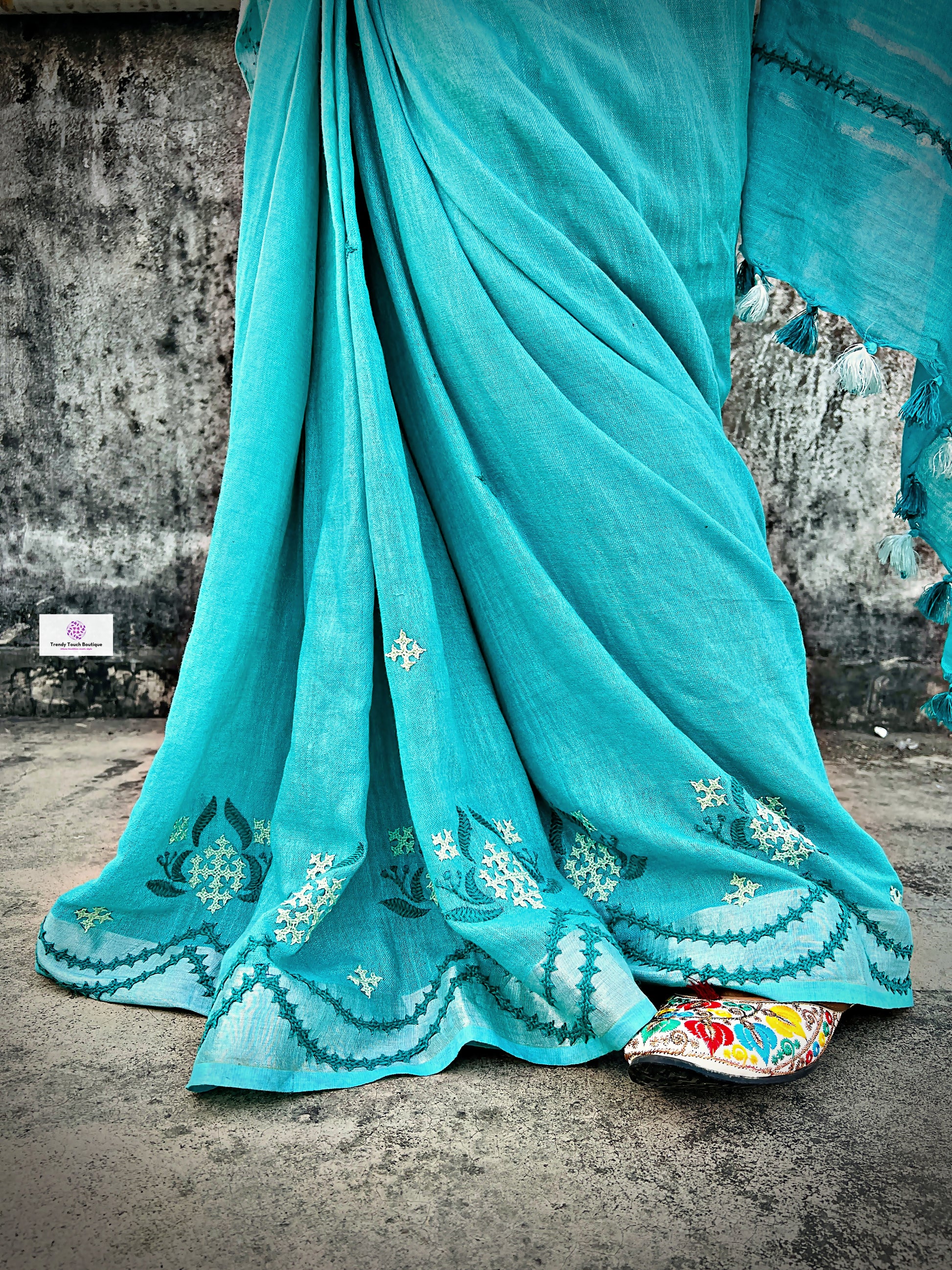 kutch handembroidered linen saree designer office wear and special events in summer