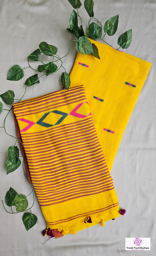 BASANT (MAROON TASSEL) BENGAL MULCOTTON HANDLOOM SAREE (YELLOW)