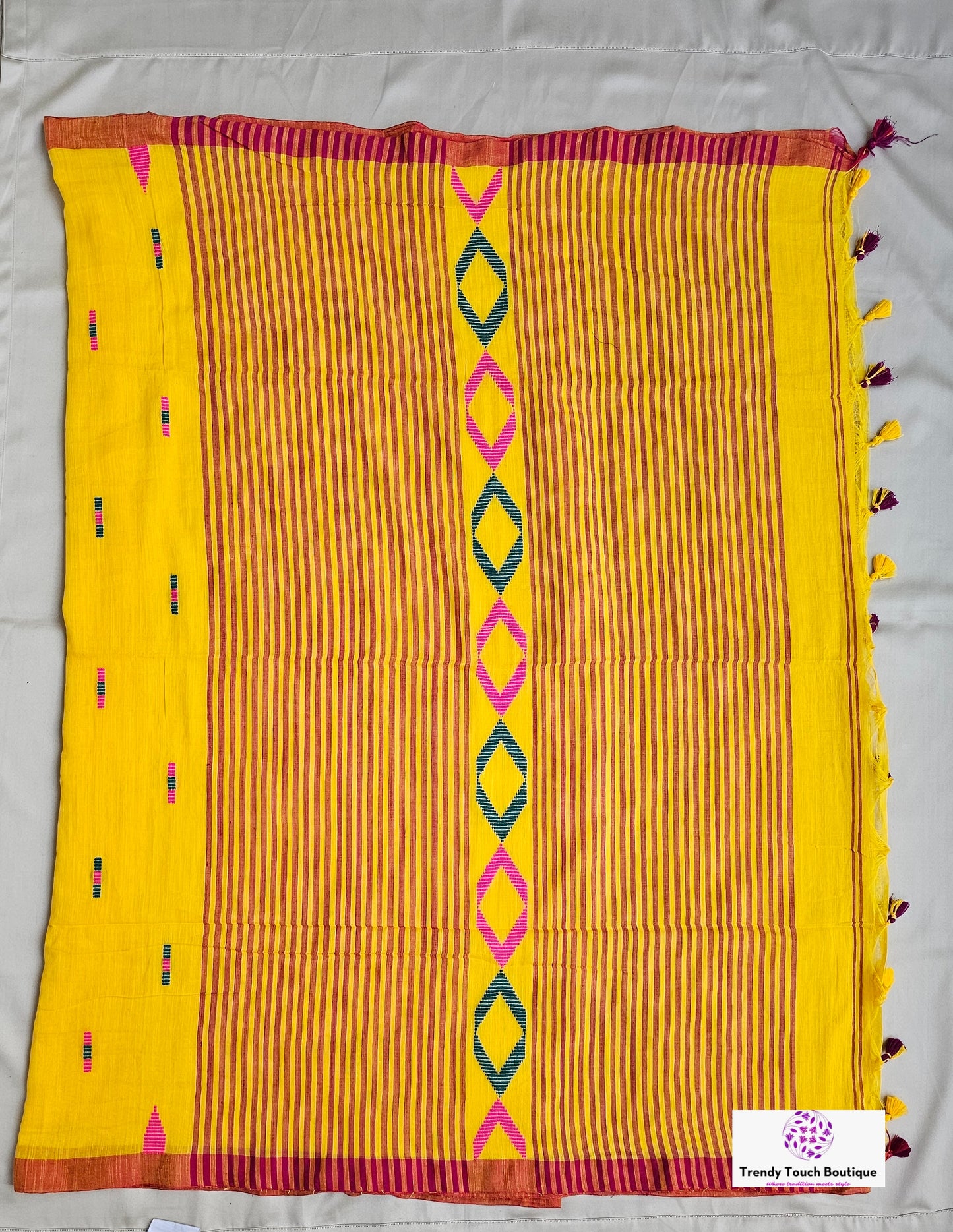 BASANT (MAROON TASSEL) BENGAL MULCOTTON HANDLOOM SAREE (YELLOW)