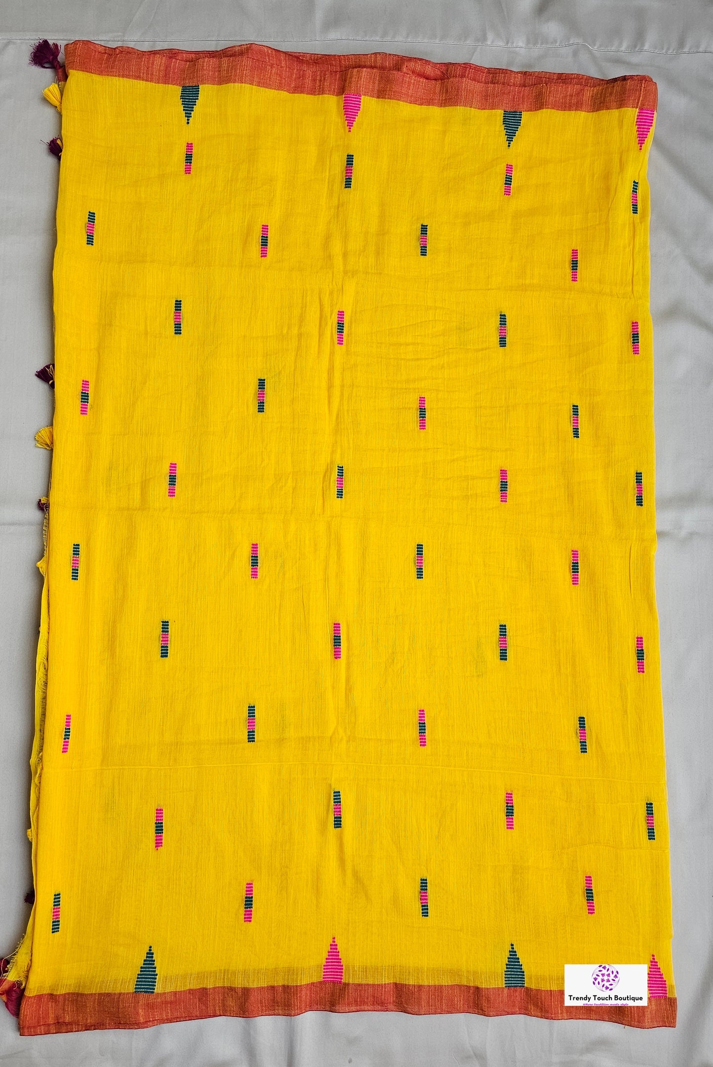 BASANT (MAROON TASSEL) BENGAL MULCOTTON HANDLOOM SAREE (YELLOW)