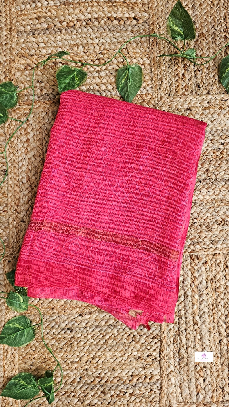 Pinkish Red Kota doria handblockprinted in natural dye festive gift officewear lightweight saree with blouse piece