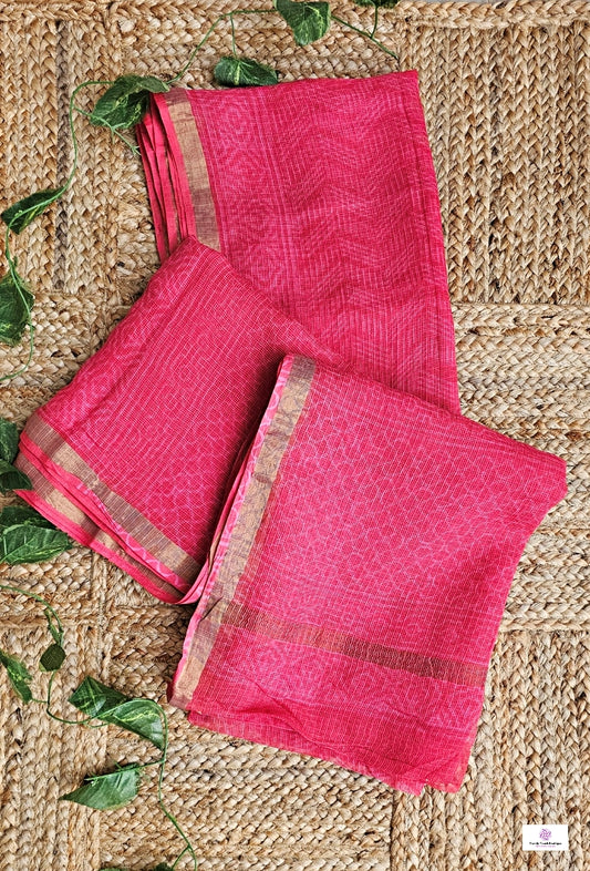 Pinkish Red Kota doria handblockprinted in natural dye festive gift officewear lightweight saree with blouse piece