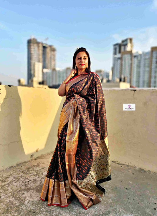 Kanjivaram styled black copper zari work party wear special occasion saree for wedding function or bridal gift