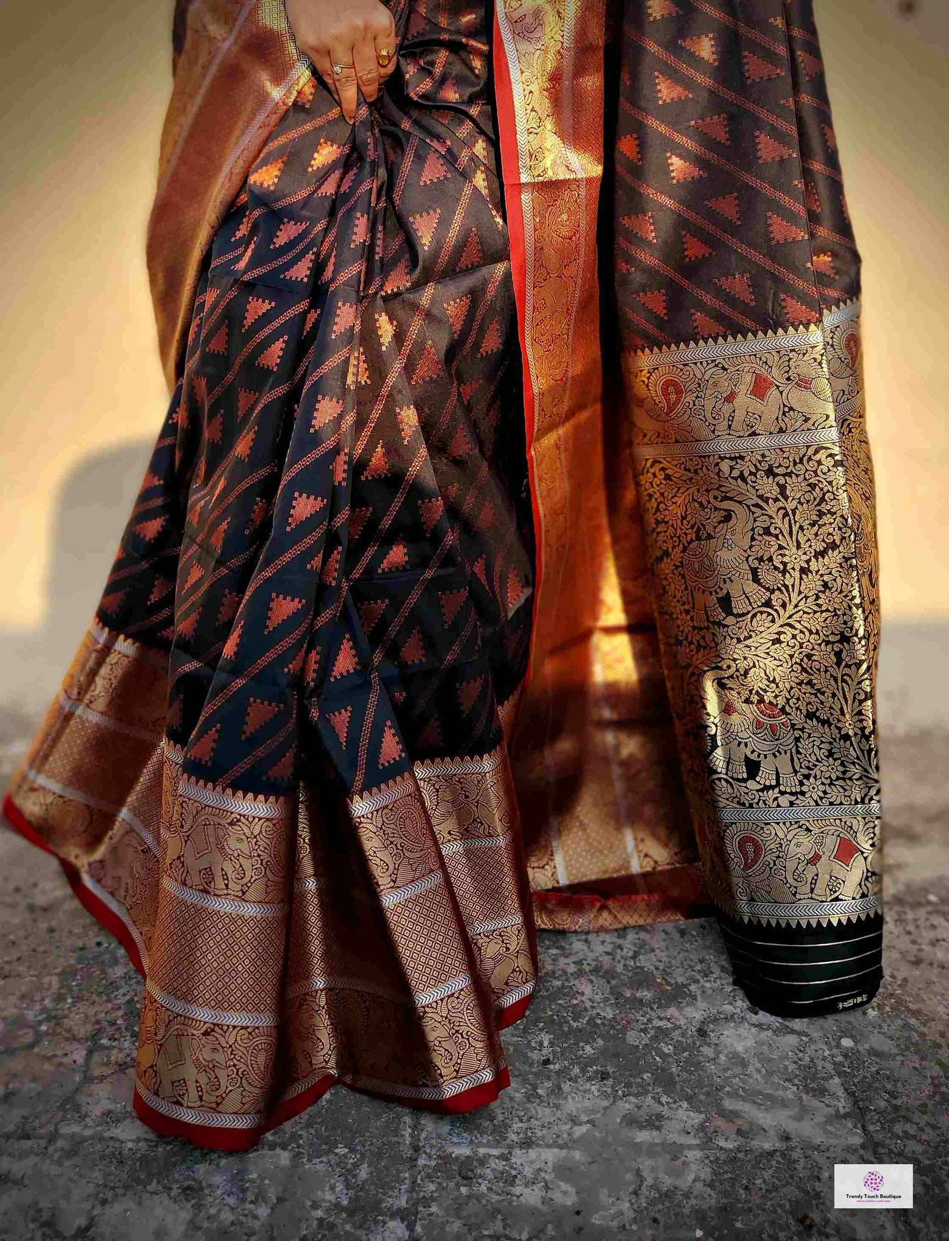 Kanjivaram styled black copper zari work party wear special occasion saree for wedding function or bridal gift
