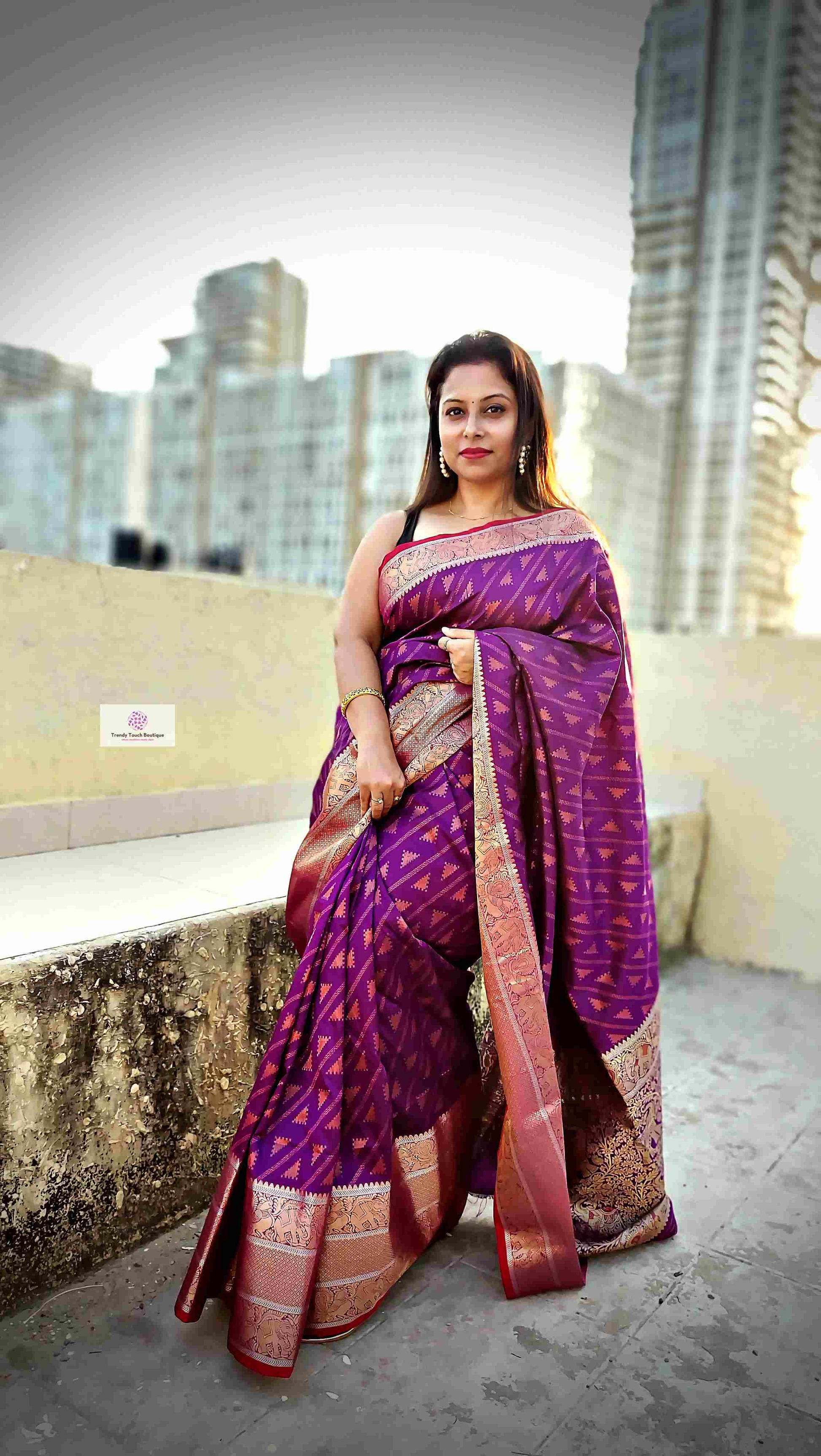 Kanjivaram styled violet color with copper zari work party wear special occasion saree for wedding function or bridal gift