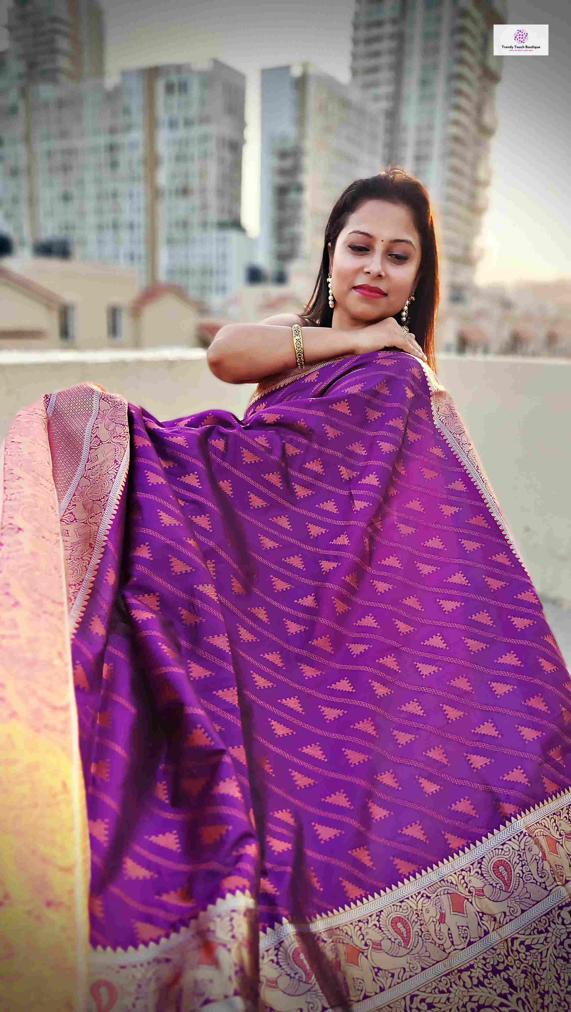 Kanjivaram styled violet color with copper zari work party wear special occasion saree for wedding function or bridal gift