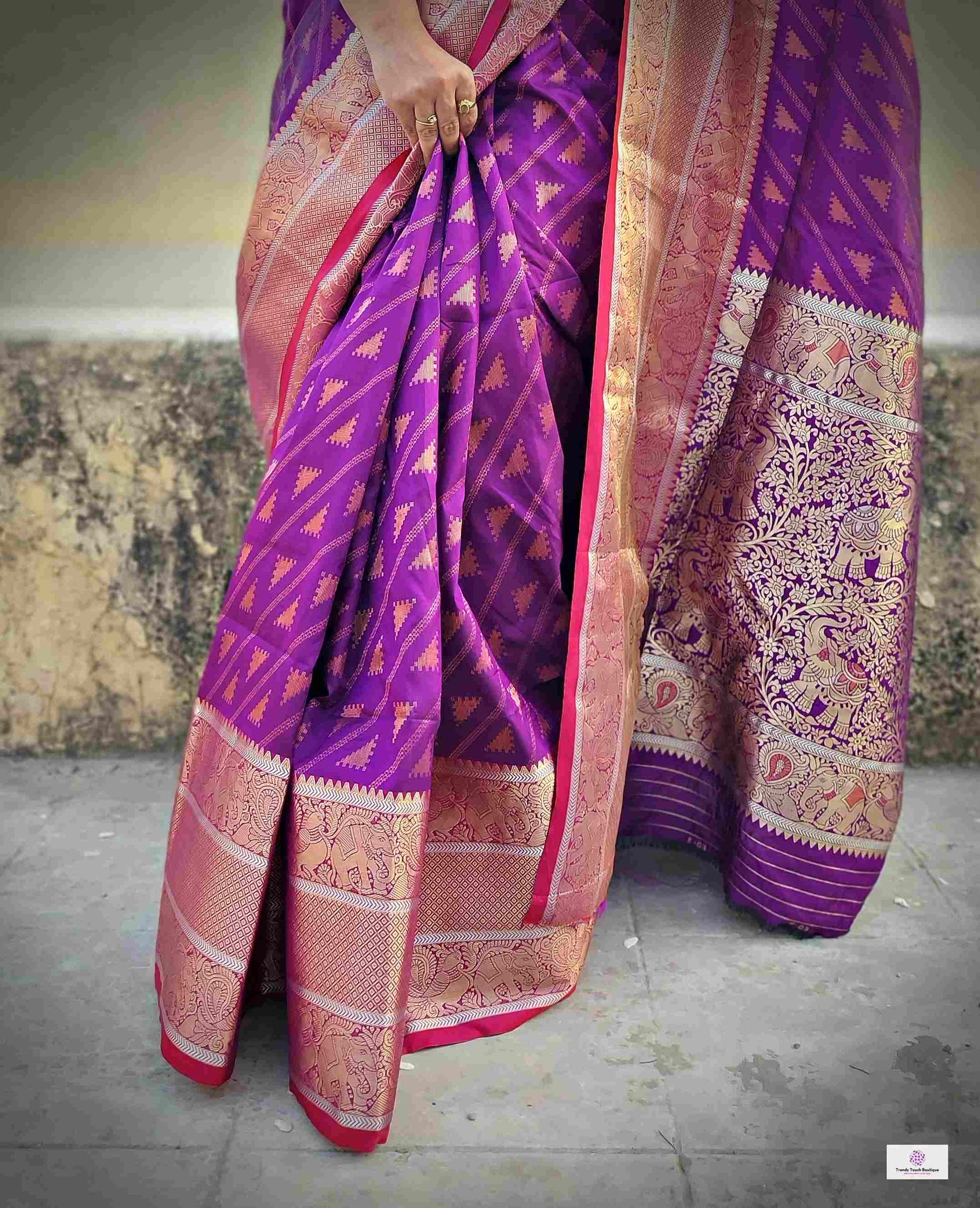 Kanjivaram styled violet color with copper zari work party wear special occasion saree for wedding function or bridal gift