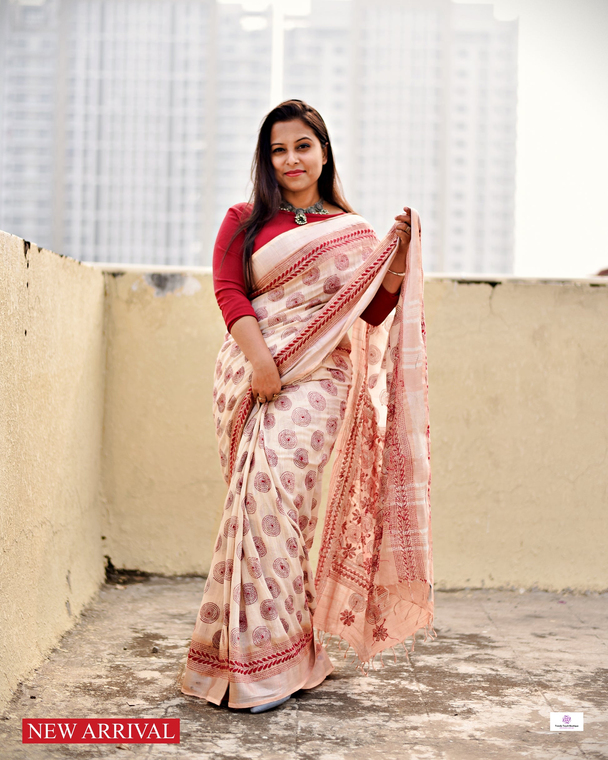 kantha handembroidered designer ivory and beige linen saree with blouse piece best price for office, casual and wedding wear.