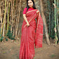Hand block printed maroon Kota Doria saree with natural dyes, floral and paisley patterns, lightweight and skin-friendly.