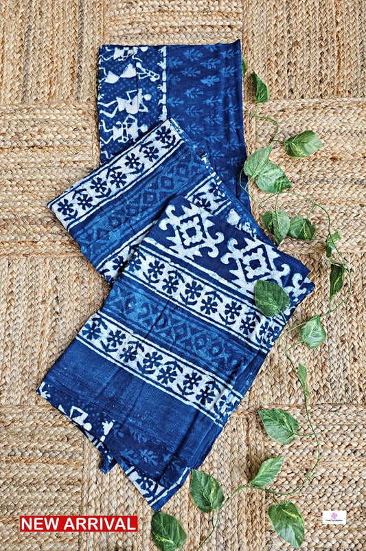 warli handblockprint indigo mulcotton saree with blouse piece for office and casual outings summer special