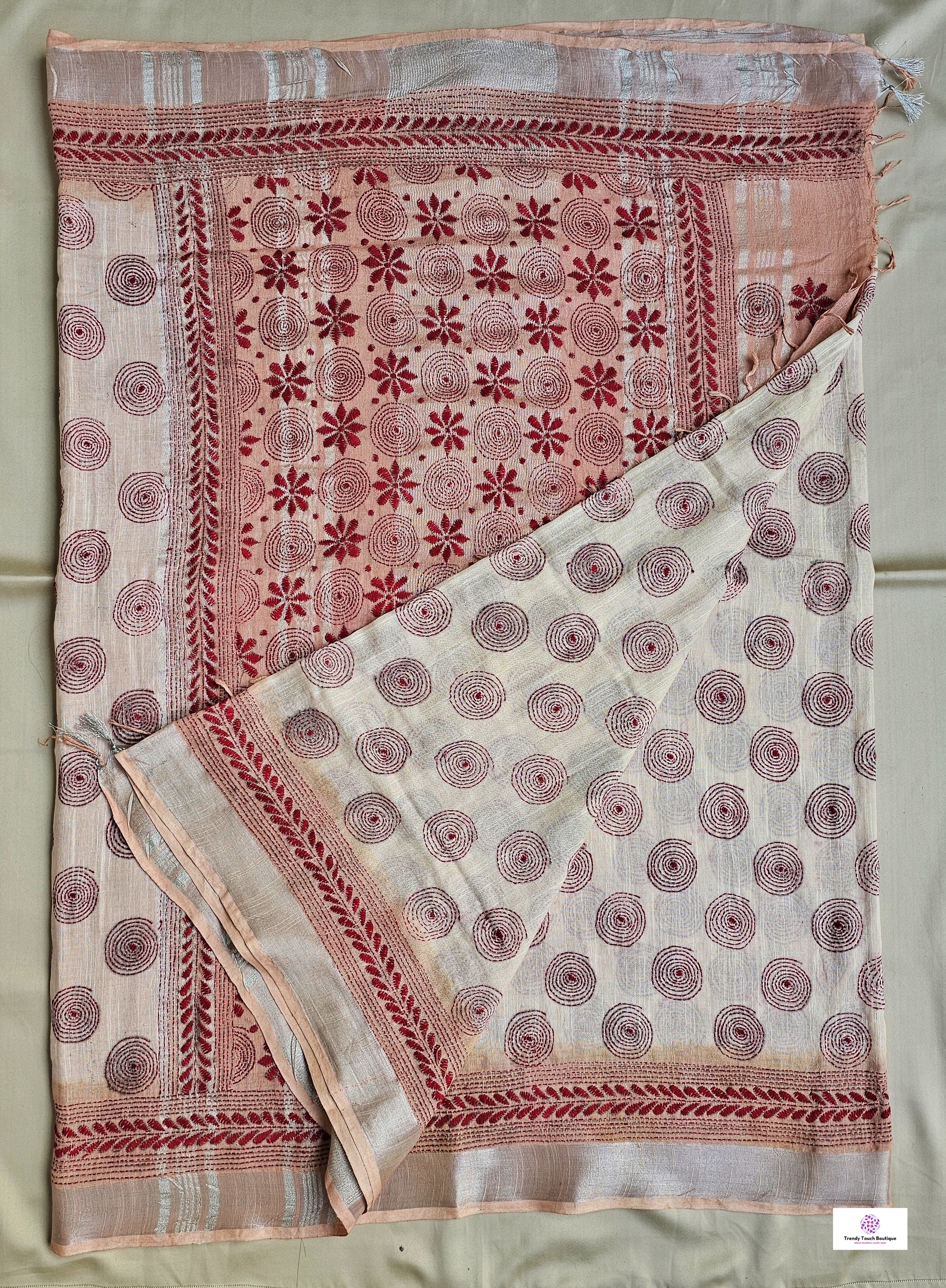 kantha handembroidered designer ivory and beige linen saree with blouse piece best price for office, casual and wedding wear.