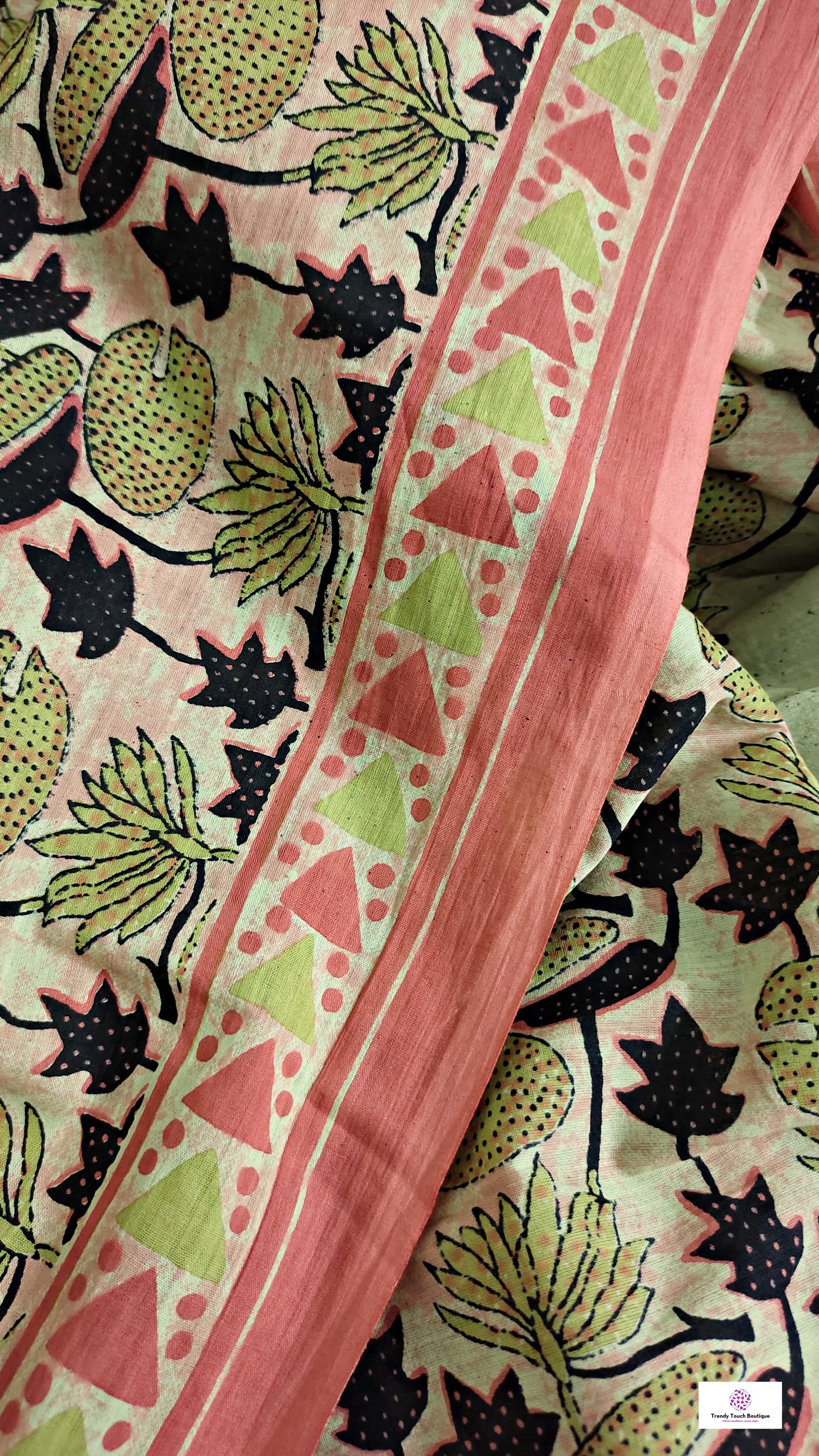 peach orange organic handblock print mul cotton saree ajrakh vanaspati natural dye floral print best summer fabric office and daily wear saree