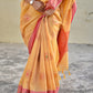 Muga cotton banarasi soft and lightweight puja, wedding and special ocassion casual wear saree yellow and pink with blouse piece best price