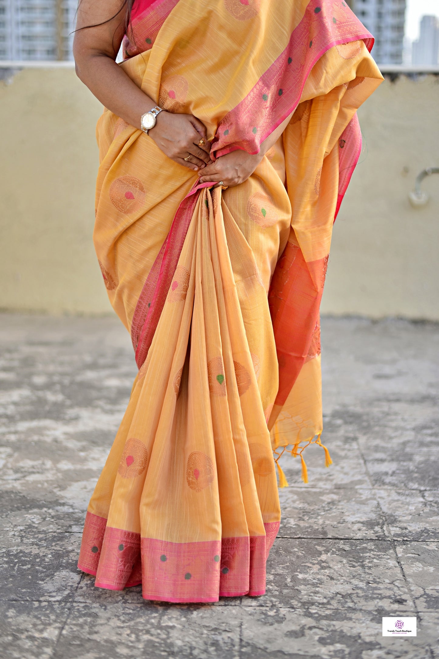 Muga cotton banarasi soft and lightweight puja, wedding and special ocassion casual wear saree yellow and pink with blouse piece best price