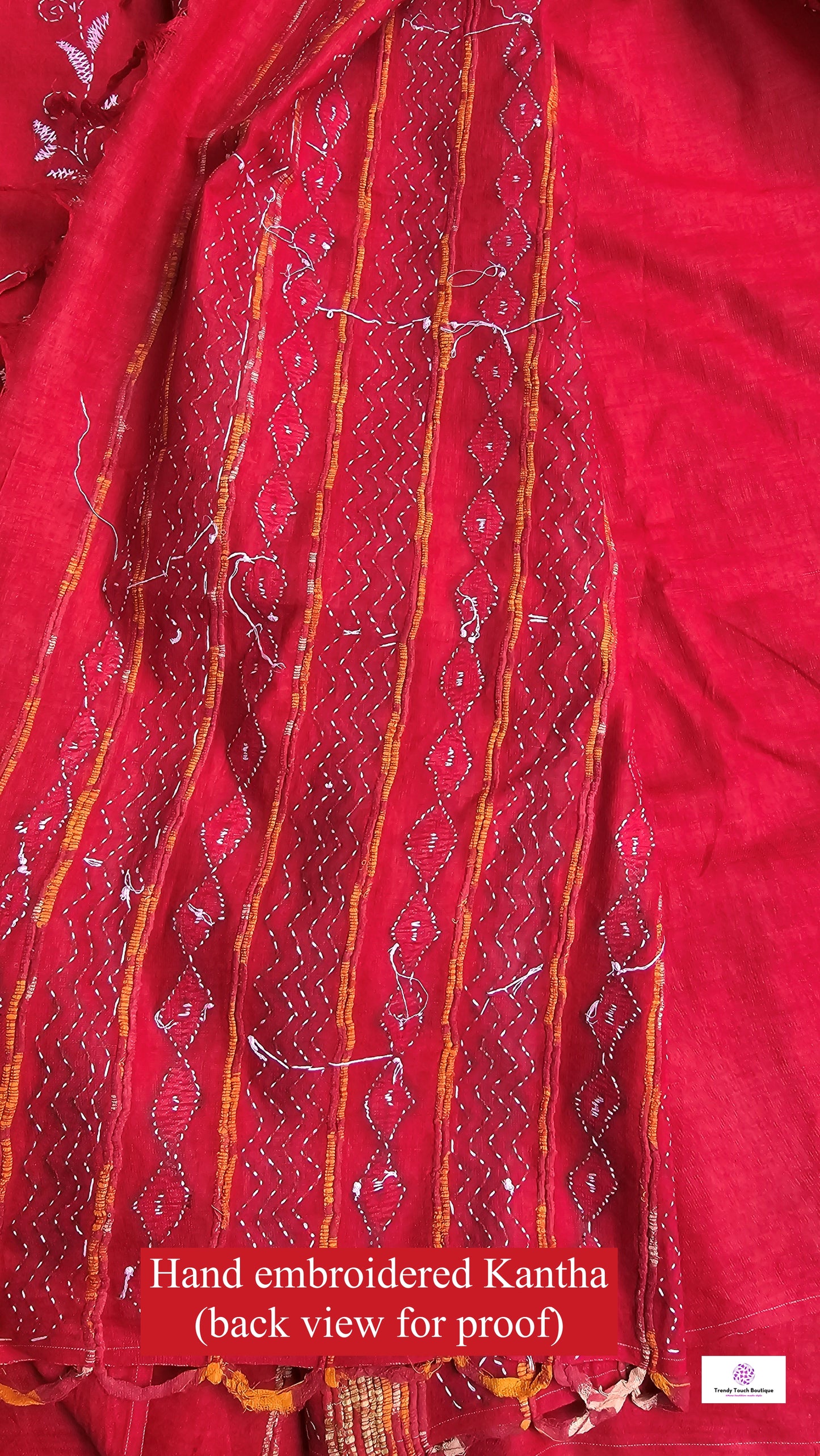 Kantha stitch handembroidered designer red khesh cotton handloom with blouse piece best price
